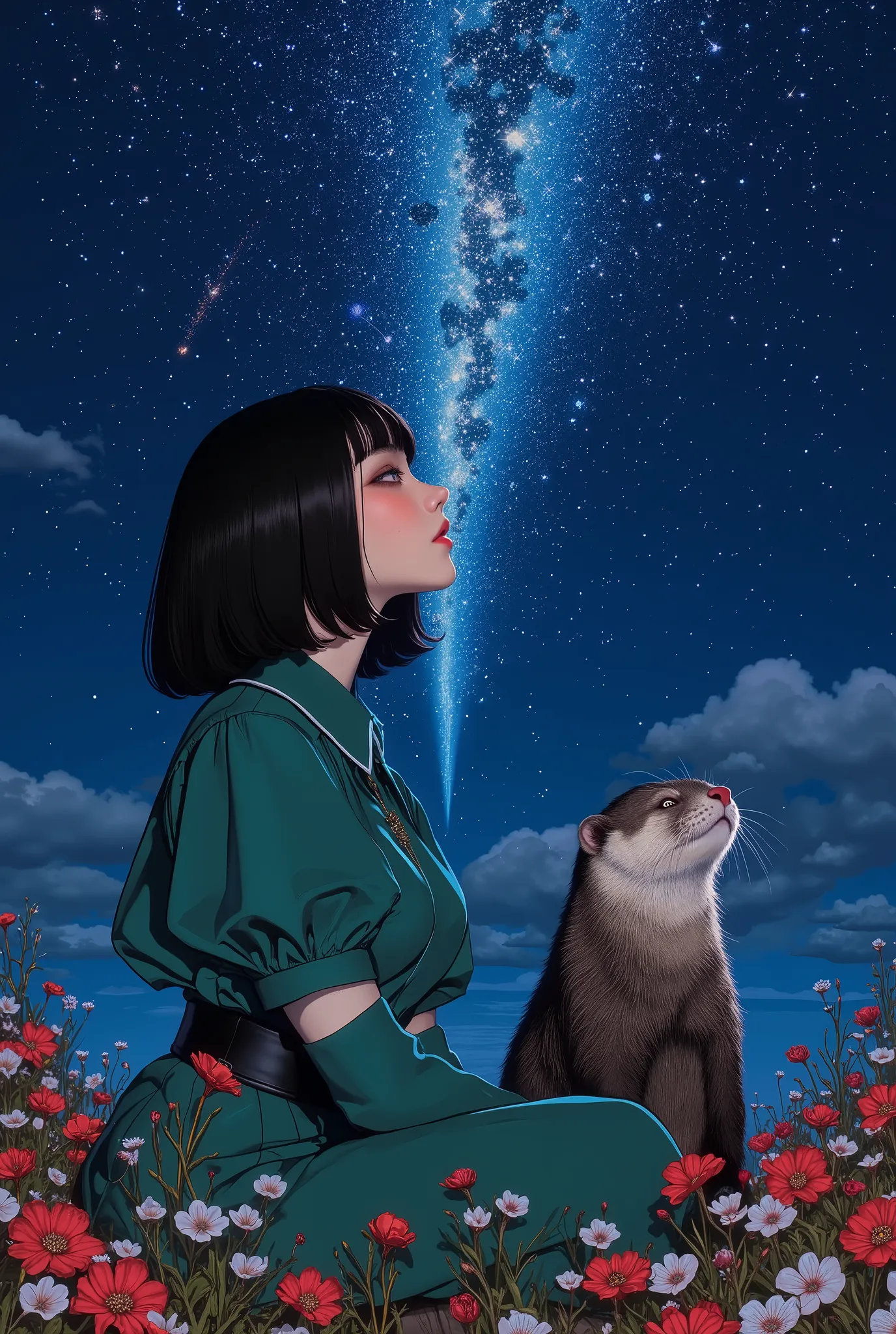 Milky Way、Milky Way in the Night Sky、Black Haired Short Bob女性とAsian small-clawed otter、((best quality)), ((masterpiece)), (detailed), perfect face, 1 girl, Black Haired Short Bob,Asian small-clawed otter、 Wearing a teal rococo summer fashion , staring at ...