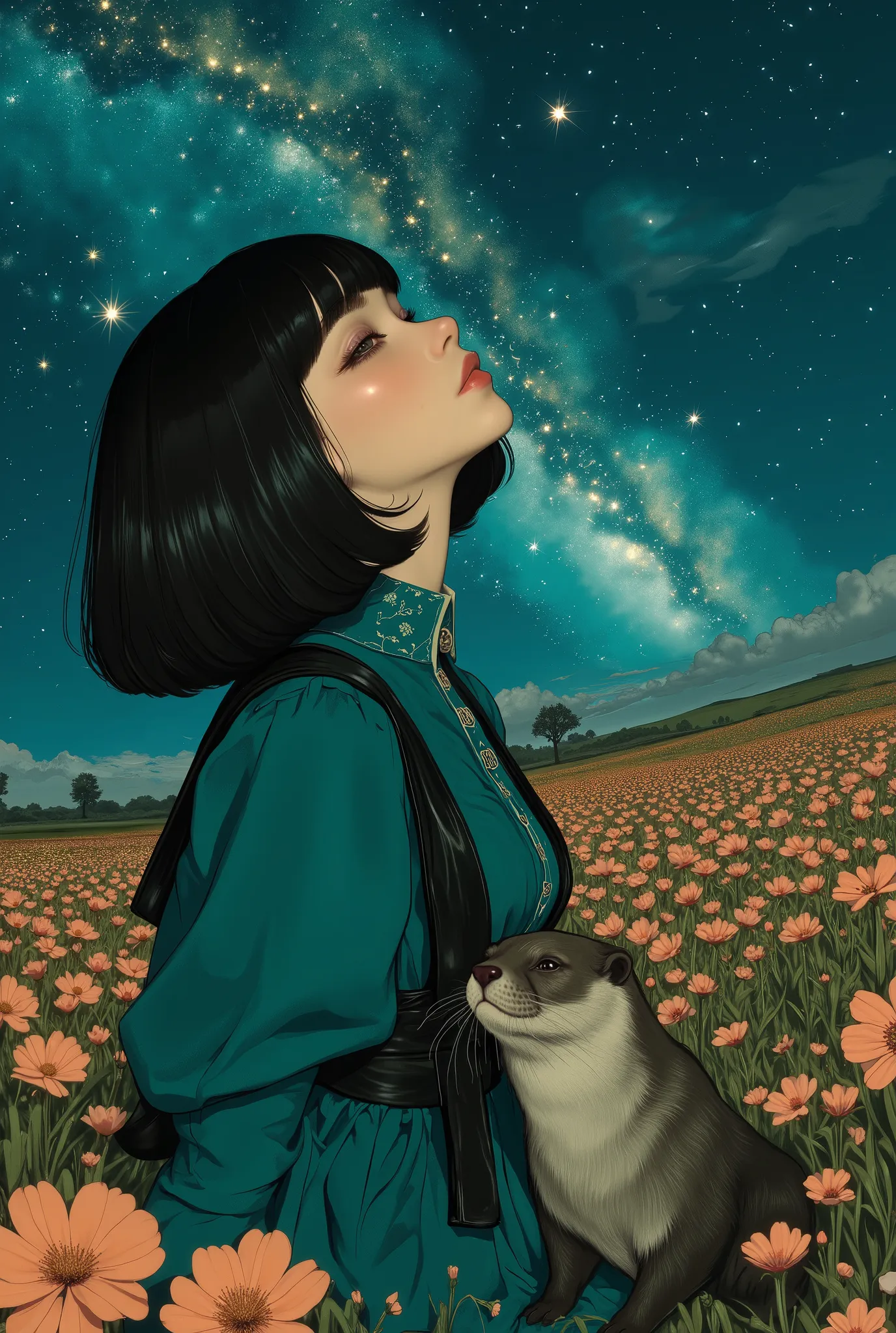 Milky Way、Milky Way in the Night Sky、Black Haired Short Bob女性とAsian small-clawed otter、((best quality)), ((masterpiece)), (detailed), perfect face, 1 girl, Black Haired Short Bob,Asian small-clawed otter、 wearing a teal ロココ調dress , staring at the stars, (...