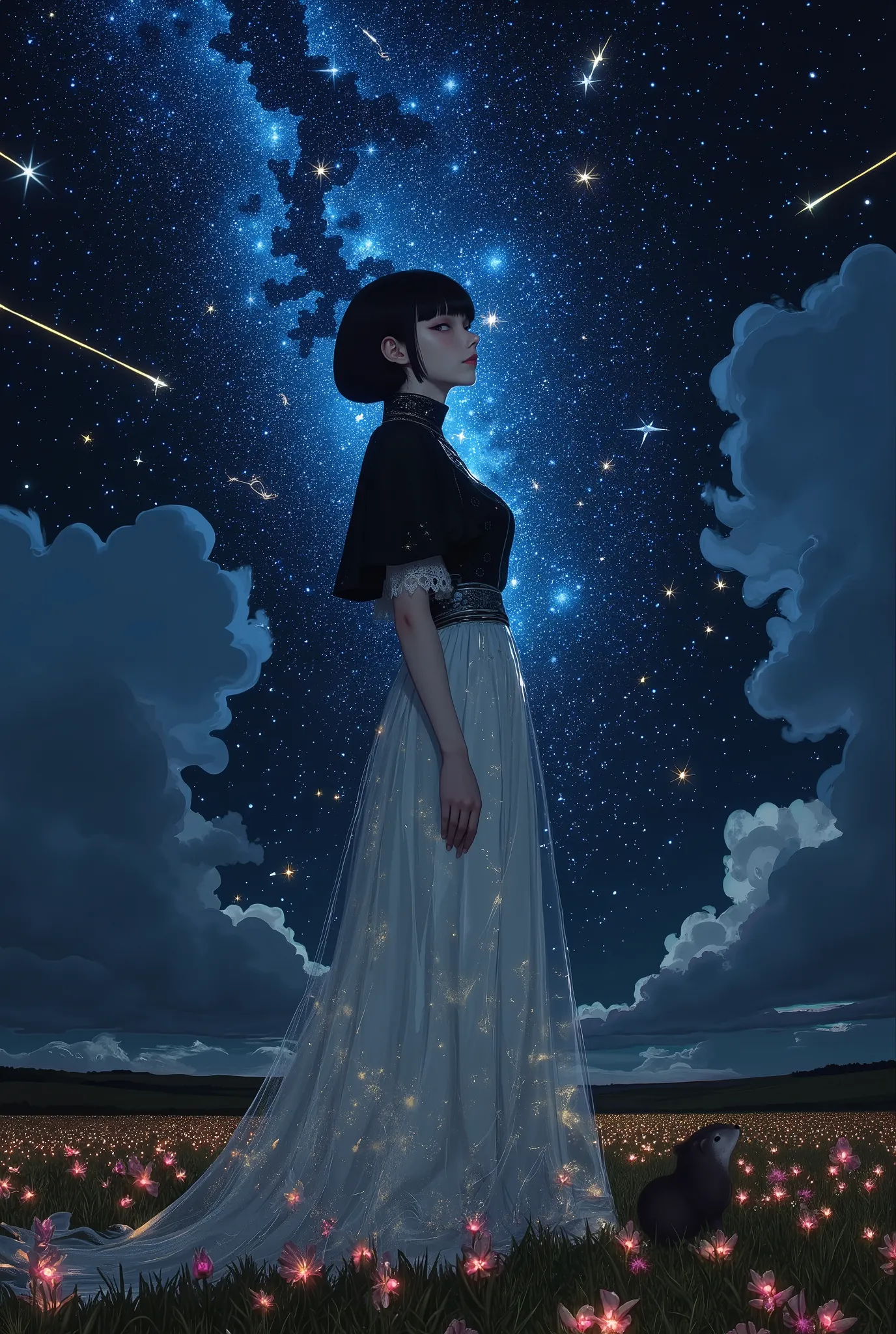Milky Way、Milky Way in the Night Sky、Black Haired Short Bob女性とAsian small-clawed otter、((best quality)), ((masterpiece)), (detailed), perfect face, 1 girl, Black Haired Short Bob,Asian small-clawed otter、 Wearing a rococo haute couture dress , staring at ...