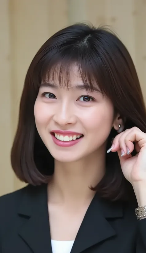  Neat Young Woman、and look at the camera、office lady suit、jacket、shirt、necklace、ear piercing、薄い茶髪、smile showing teeth、背景はオフィス

