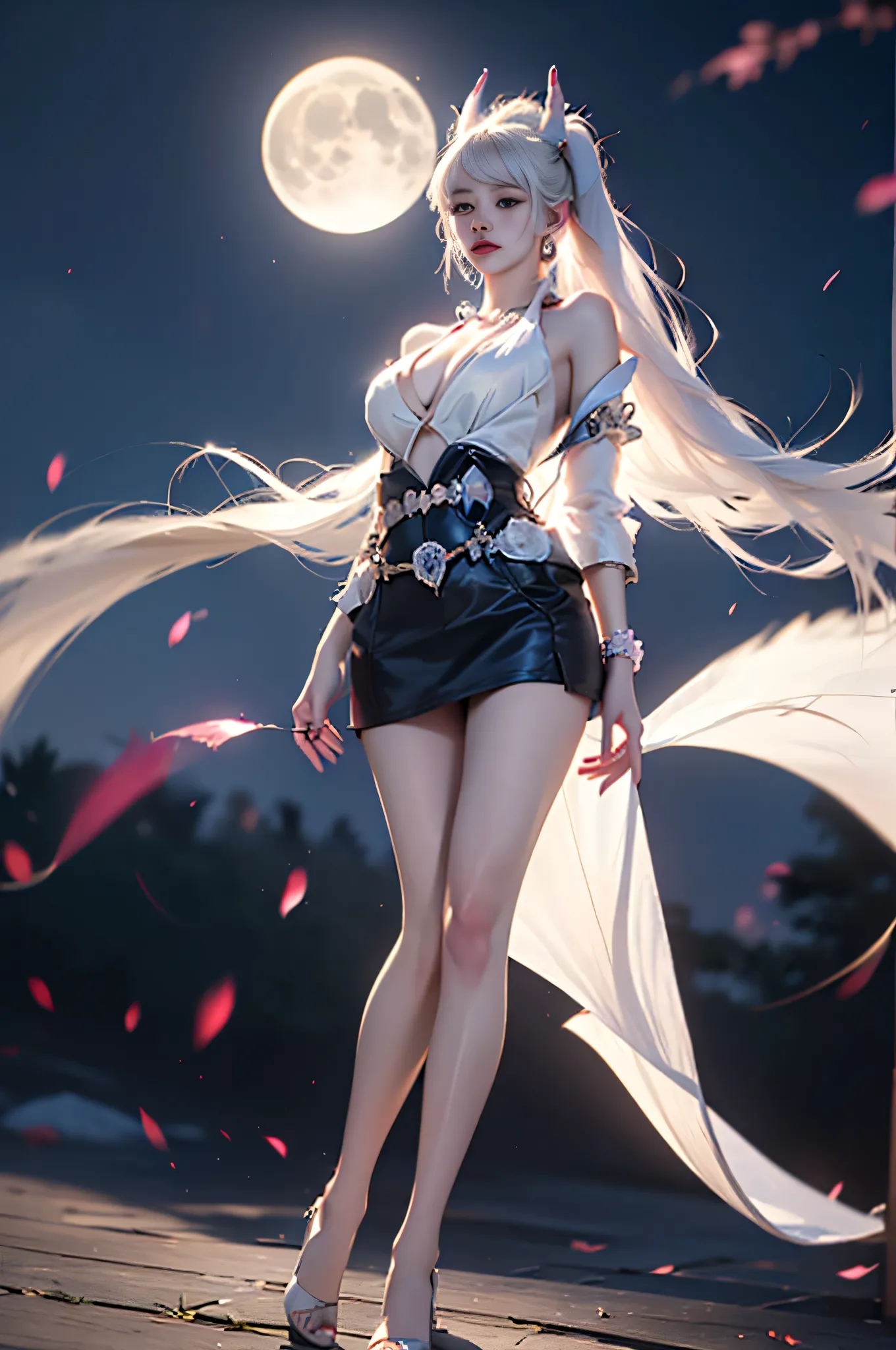 Spirit_Blossom_Syndra purple_eyes, blunt_bangs, white_hair, pointy_ears ,,((full body, from below)), (masterpiece, best quality, ultra-detailed, 8k), realistic, a beautiful sexy long-legged model ((Random scene)), ((Random posture)), (I-type Valley), (Full...