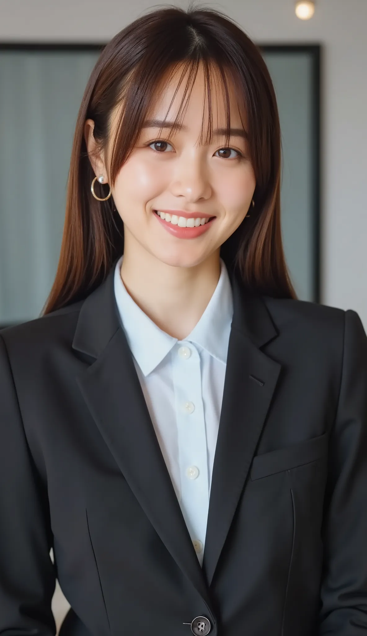 Neat Young Woman、and look at the camera、office lady suit、jacket、shirt、necklace、ear piercing、薄い茶髪、smile showing teeth、背景はオフィス

