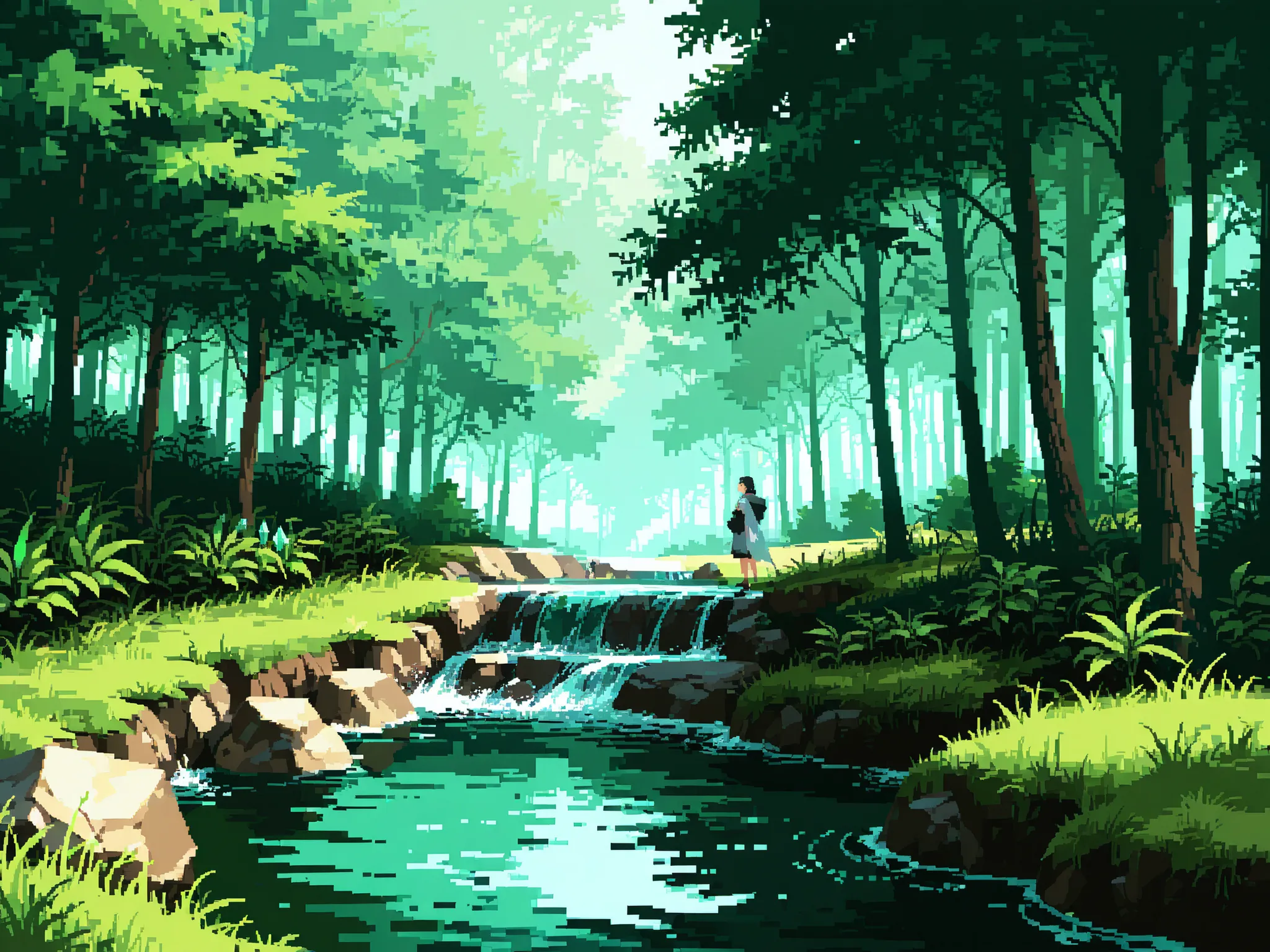 very wide shot, makes an aesthetic, Master piece, Best Quality, ultra detailed, 1 girl with traveler's cloth, crystal clear stream in deep forest, surrounded by lush green trees, greenery, morning, pixel art,