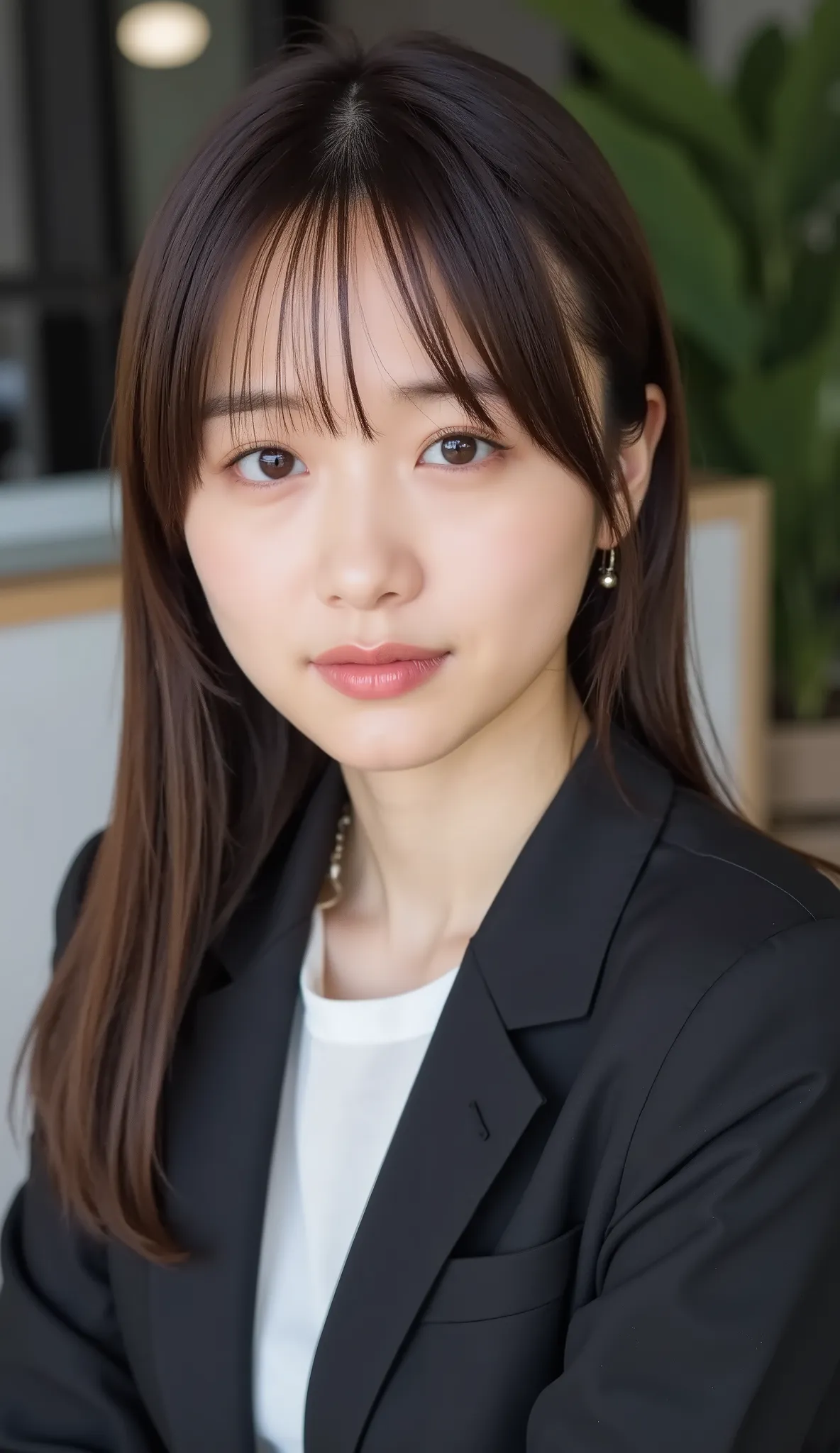 Neat Young Woman、and look at the camera、office lady suit、jacket、shirt、necklace、ear piercing、自然な色の髪、、smile showing teeth、背景はオフィス

