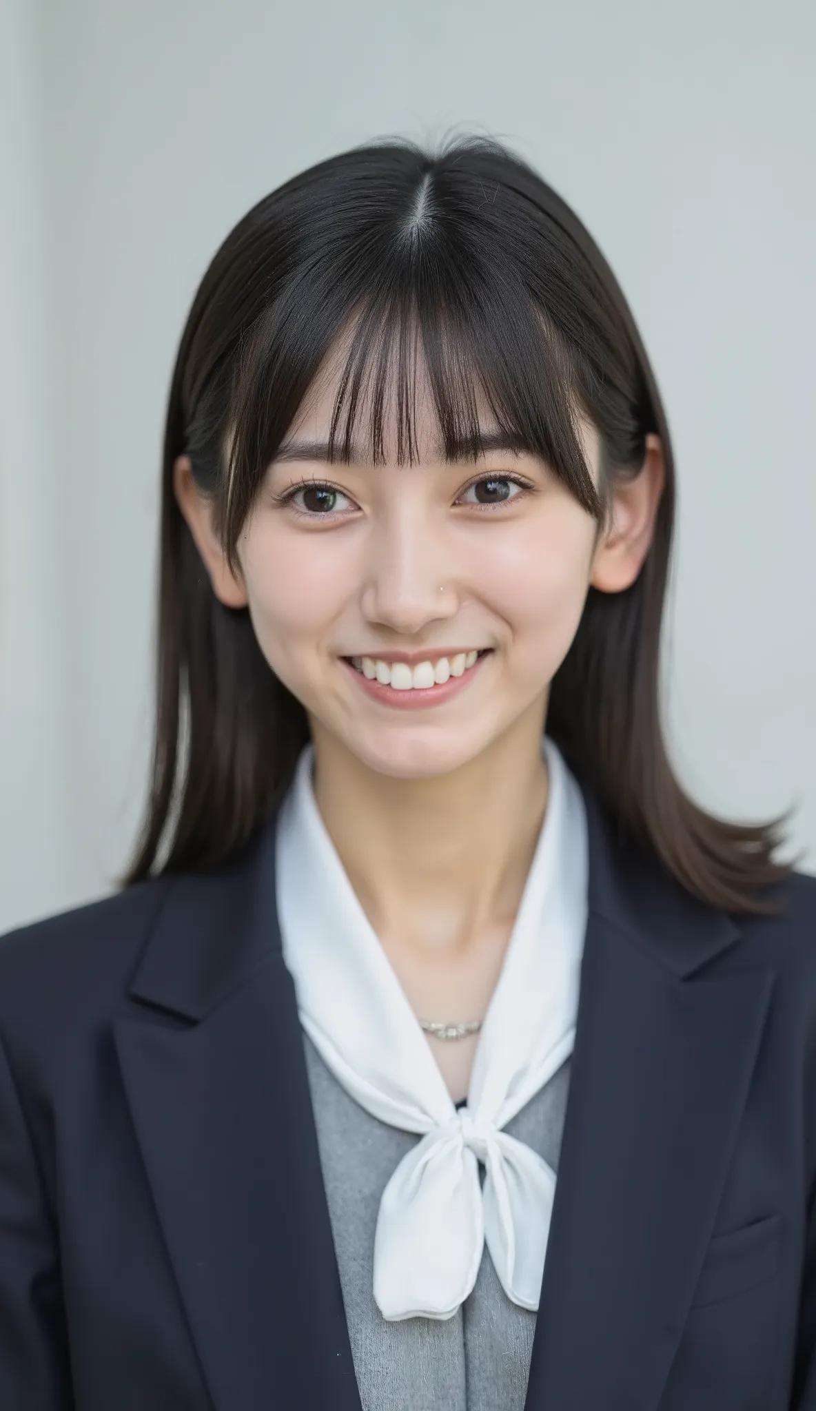 Neat Young Woman、and look at the camera、office lady suit、jacket、shirt、necklace、ear piercing、薄い茶髪、smile showing teeth、背景はオフィス