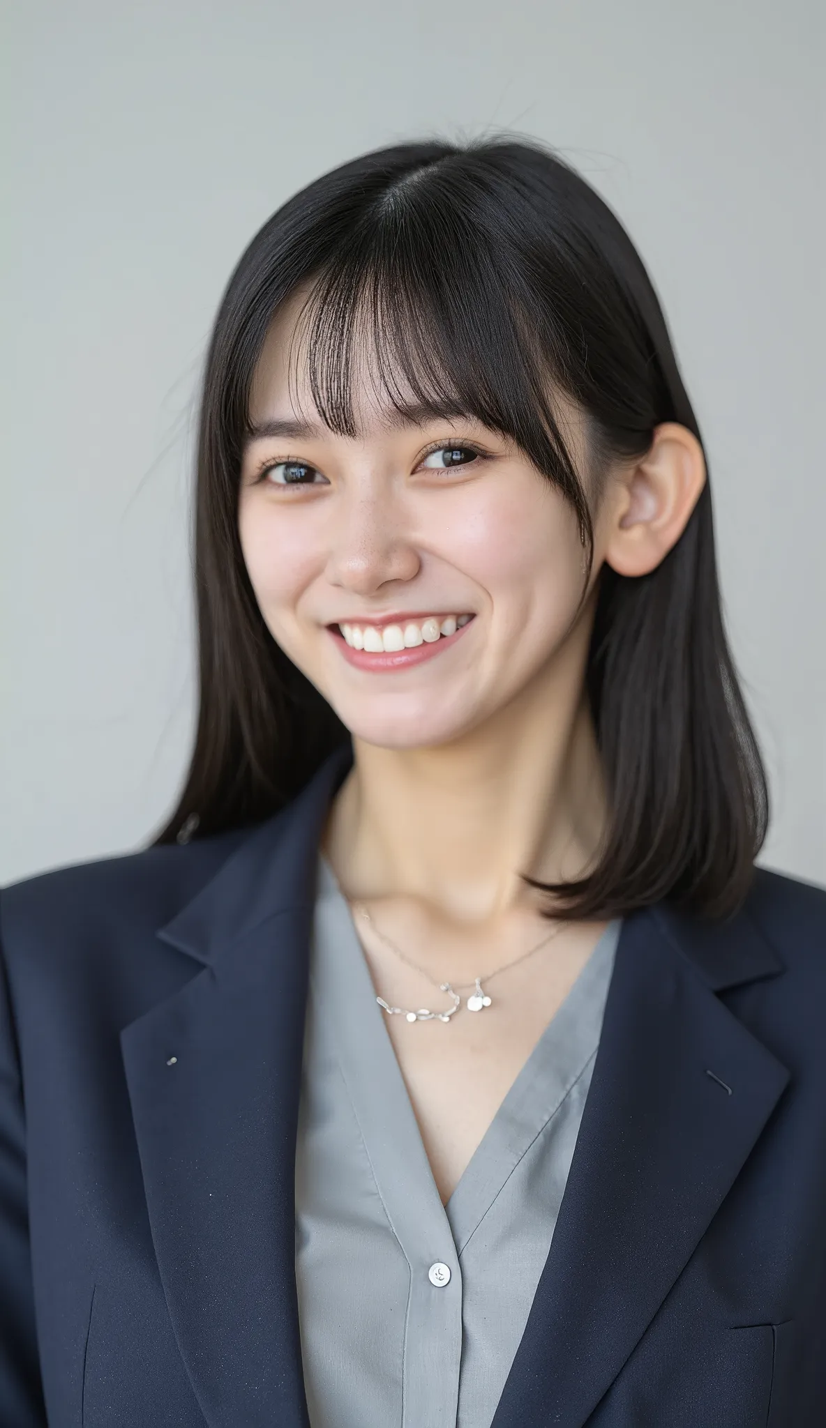 Neat Young Woman、and look at the camera、office lady suit、jacket、shirt、necklace、ear piercing、薄い茶髪、smile showing teeth、背景はオフィス