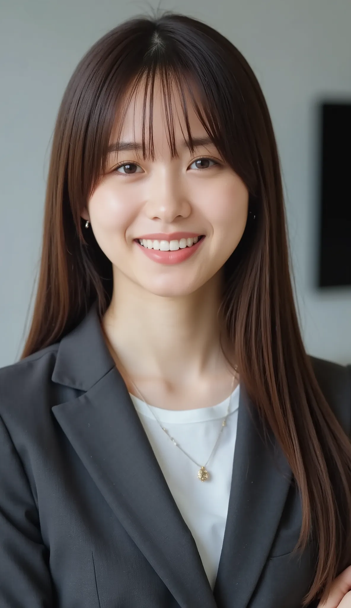 Neat Young Woman、and look at the camera、office lady suit、jacket、shirt、necklace、ear piercing、薄い茶髪、smile showing teeth、背景はオフィス

