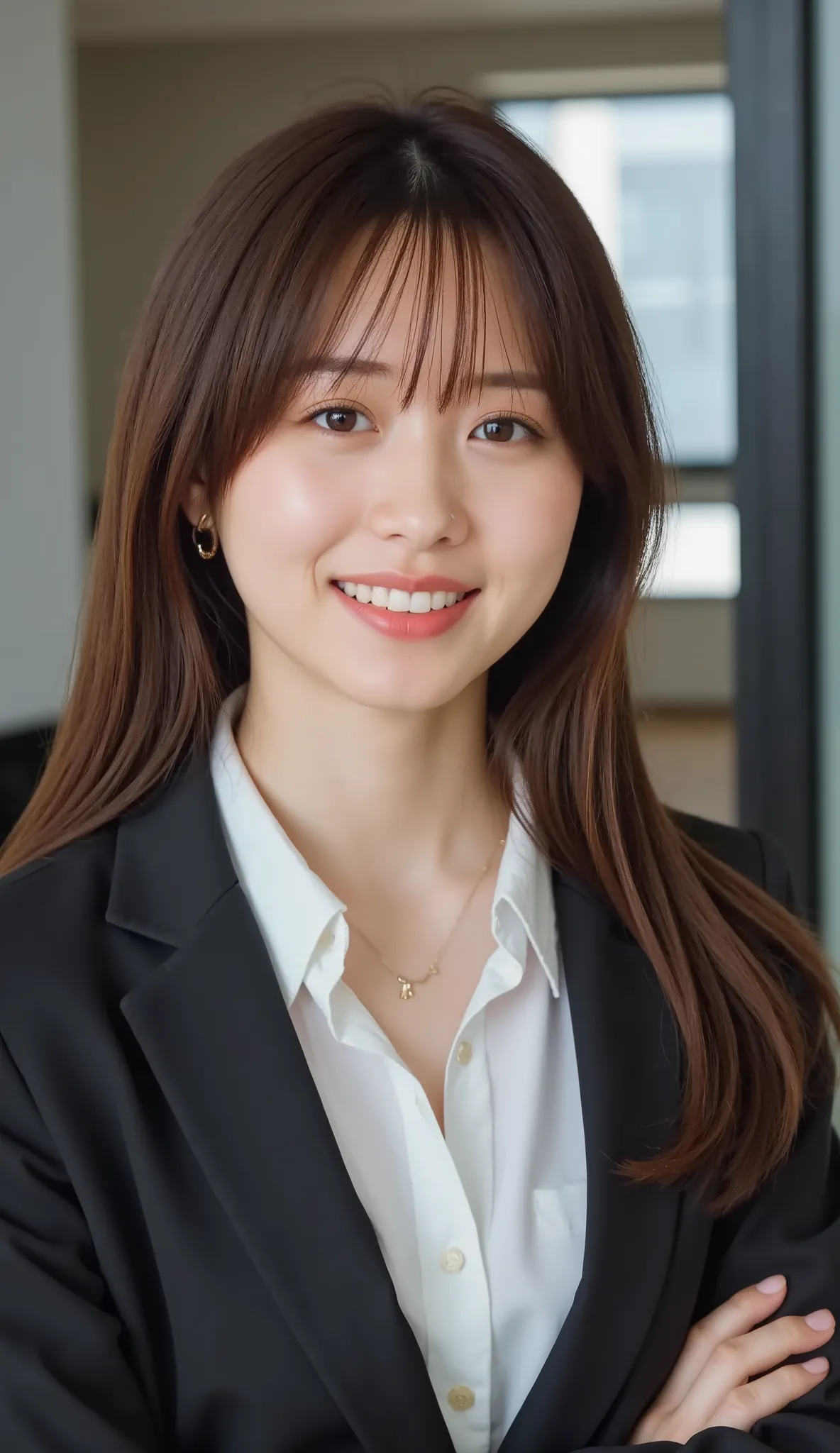 Neat Young Woman、and look at the camera、office lady suit、jacket、shirt、necklace、ear piercing、髪型セミロング、薄い茶髪、smile showing teeth、背景はオフィス

