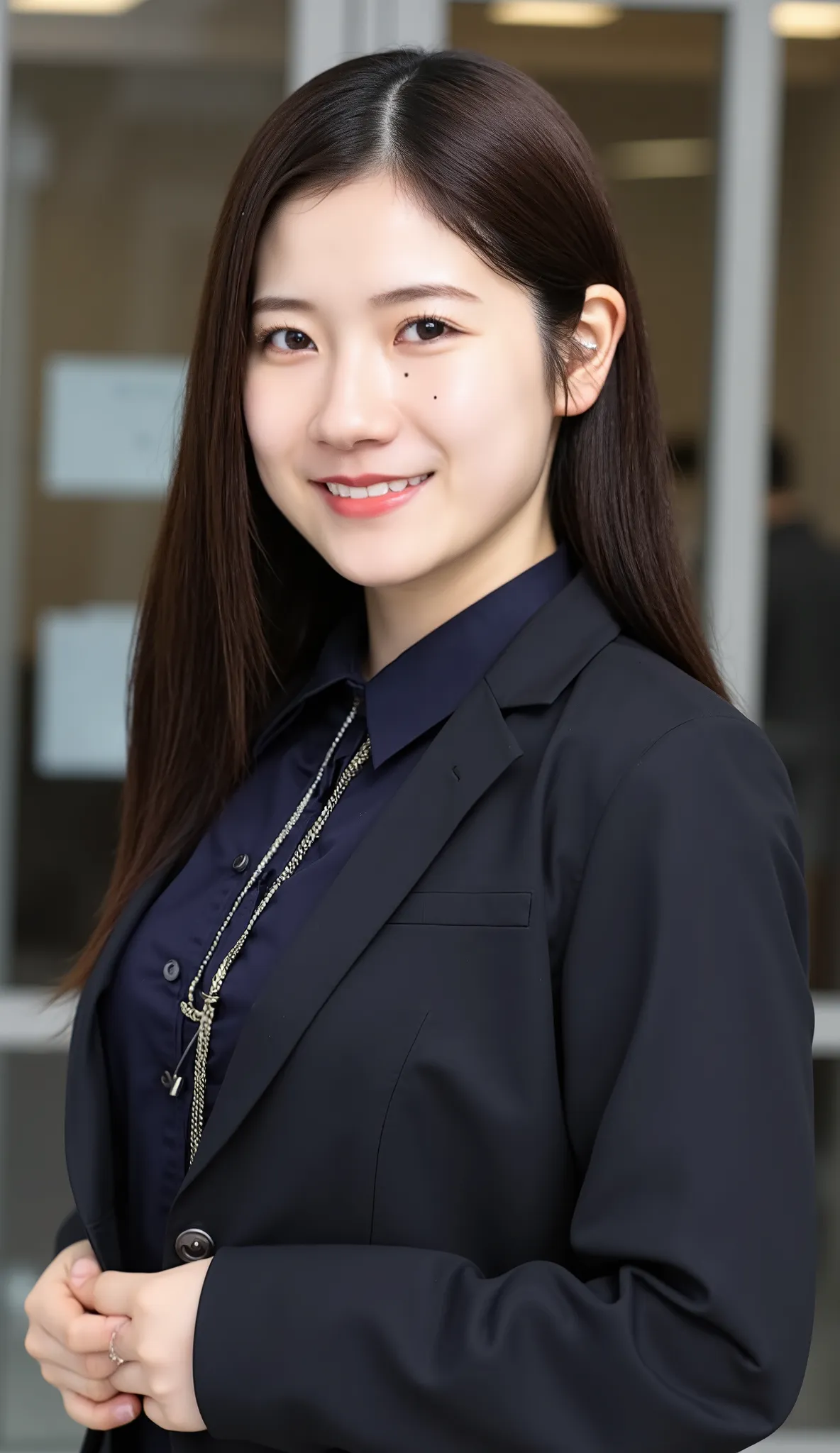 Neat Young Woman、and look at the camera、office lady suit、jacket、shirt、necklace、ear piercing、薄い茶髪、smile showing teeth、背景はオフィス