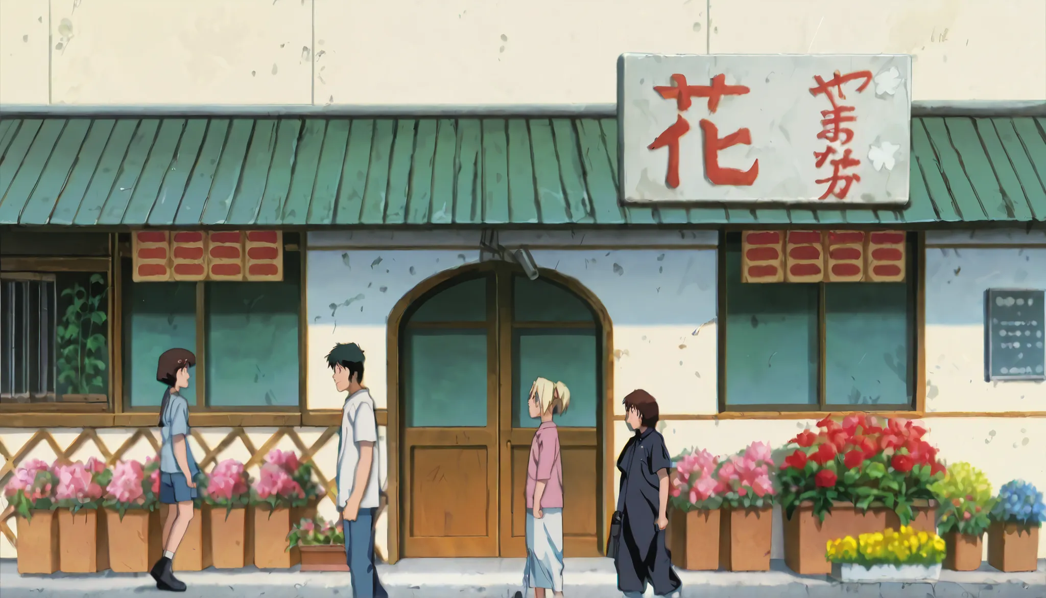 anime scene of a man and a woman walking in front of a building, in japanese anime style, 9 0 s anime aesthetic, 90s anime style, 9 0 s anime style, style of madhouse anime, in a anime masterpiece, style of madhouse studio anime, in the art style of 8 0 s ...