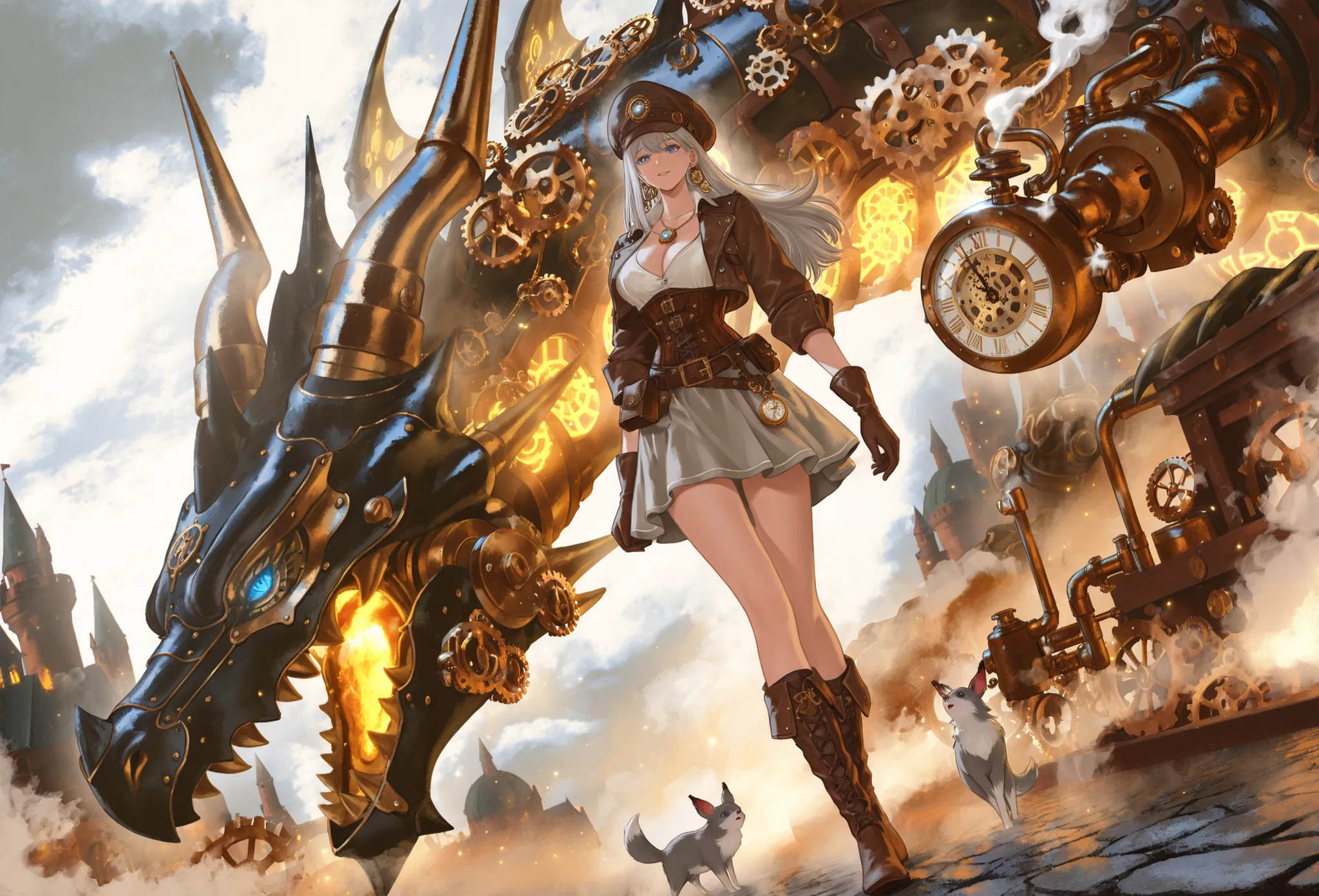 standing next to a steampunk Dragon,long hair,slightly random hairstyle,Hair color is gold,A color reminiscent of metal,girl,decorated with metal parts,lens part is amber,Gears and small pipes,cropped cap,leather corset、Best、short jacket,The shirt is a puf...