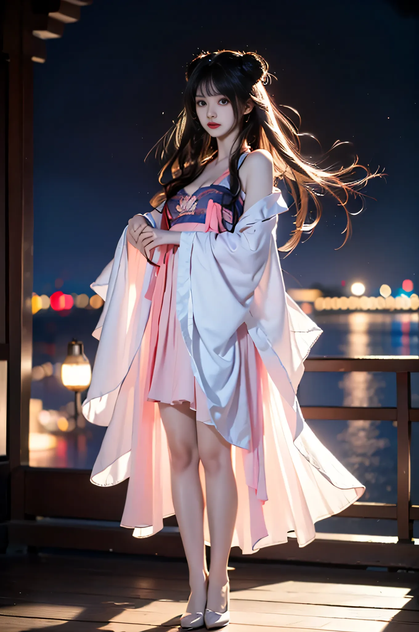 jiangyanli,hanfu, chinese clothes, long sleeves, wide sleeves, shawl,long hair,double hair bun, hair ornament,bangs, ,,((full body, from below)), (masterpiece, best quality, ultra-detailed, 8k), realistic, a beautiful sexy long-legged model ((Random scene)...