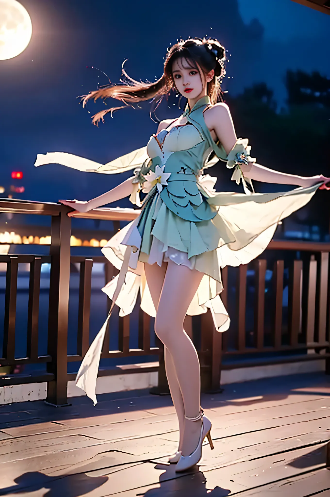 zhuxianbiyao,hanfu, ,,((full body, from below)), (masterpiece, best quality, ultra-detailed, 8k), realistic, a beautiful sexy long-legged model ((Random scene)), ((Random posture)), (I-type Valley), (Full breasts, visible cleavage, very short skirt hem, ex...
