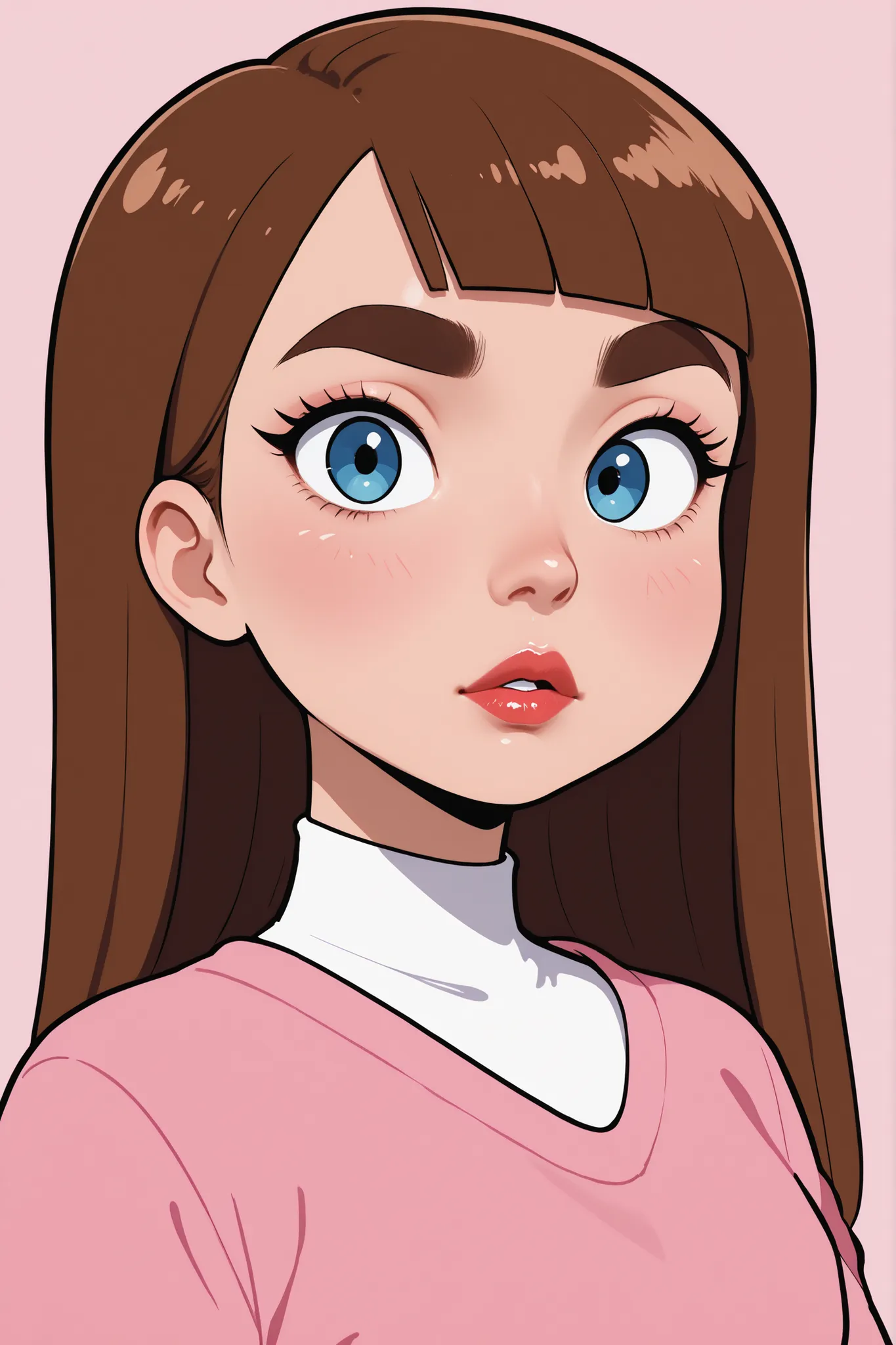 Perfect Face, Cut Straight Hair, Bright Brown Hair, Brown Thick Eyebrows, Blue Eyes, Pink Rouge, Bright Red Thick Lips, Beauty Woman