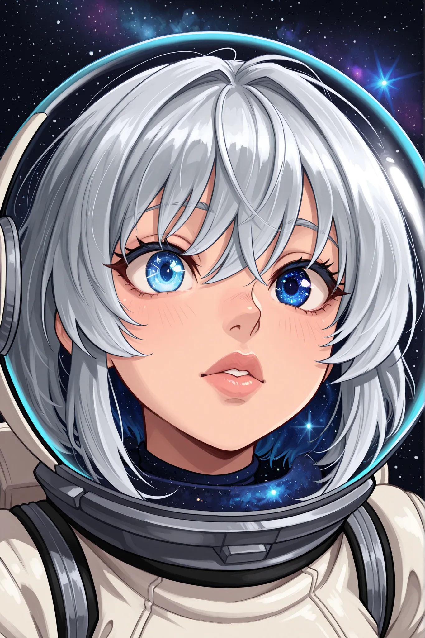 (Close-up of a better masterpiece:1.5)0.9], (Space and astronauts:1.2) (Messy silver hair:1.1) (Heterochromia xanthochromia and blue eyes:1.2) (Space Helmet:1.0) (Colored stars in the eyes:1.0) (A radiant glow:1.1) (thick lips:0.9)