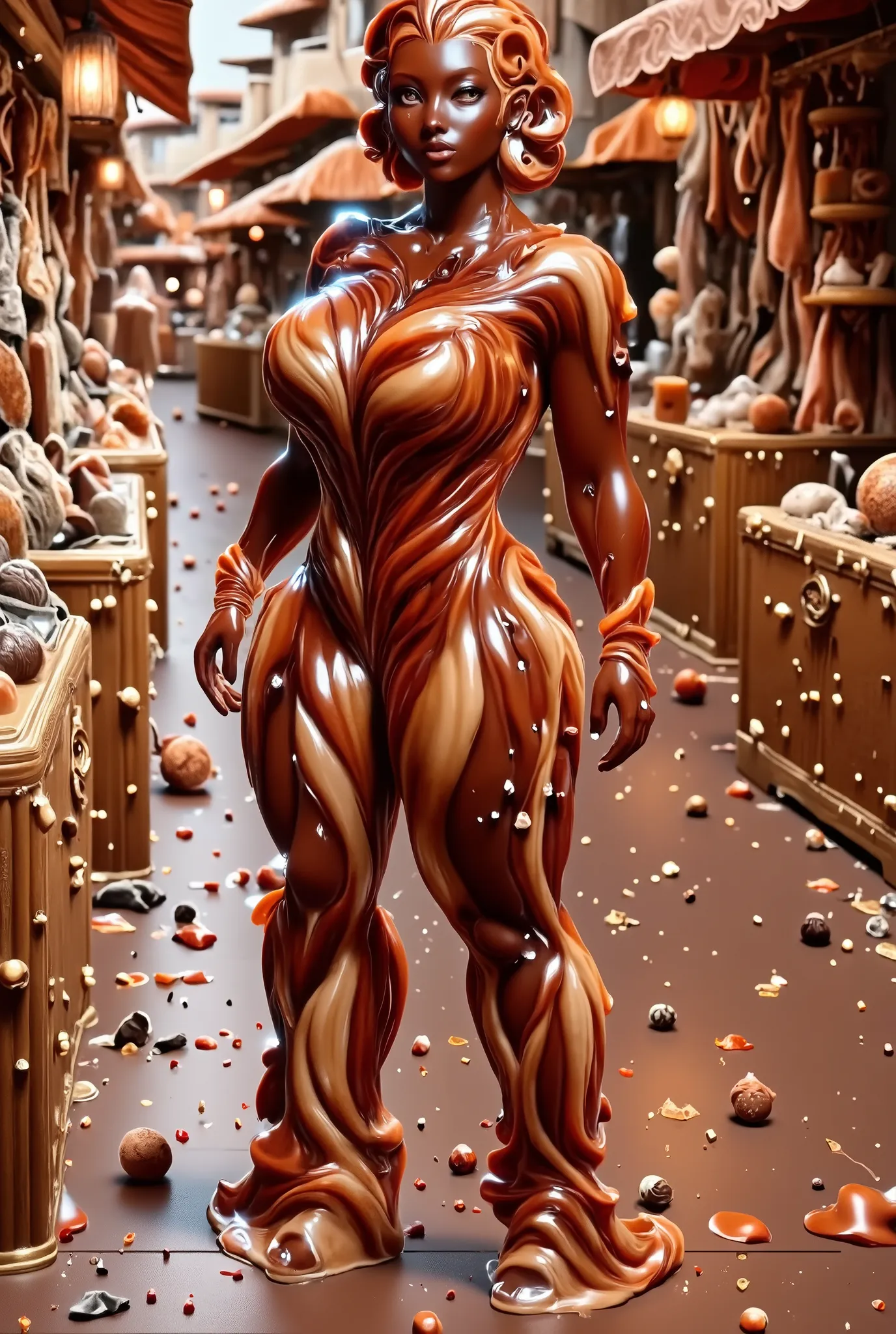 Woman made of Middle Eastern chocolate and , 35 anos, pear-shaped body, big buttocks, seios fartos, wearing an ugly light pink silk dress. curly brown hair, olhos verdes.  Em um souk vibrante, colors and scents surrounding. Dress made with American paste.s...