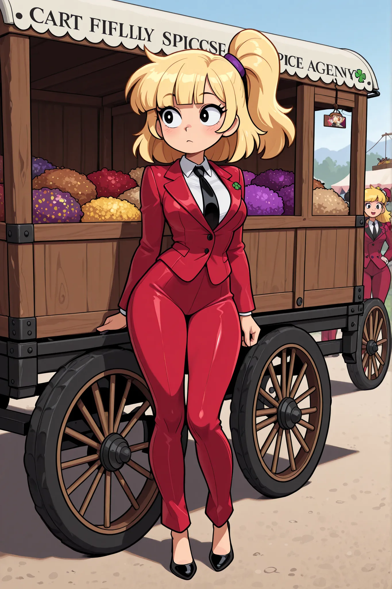Clover from Totally Spice, cart trailer, blonde, fluffy bangs on one side, red suit agency suit, sexy, masterpiece, High detail, professional photo, high quality, Totally Spice cartoon, Totally spice, Clover