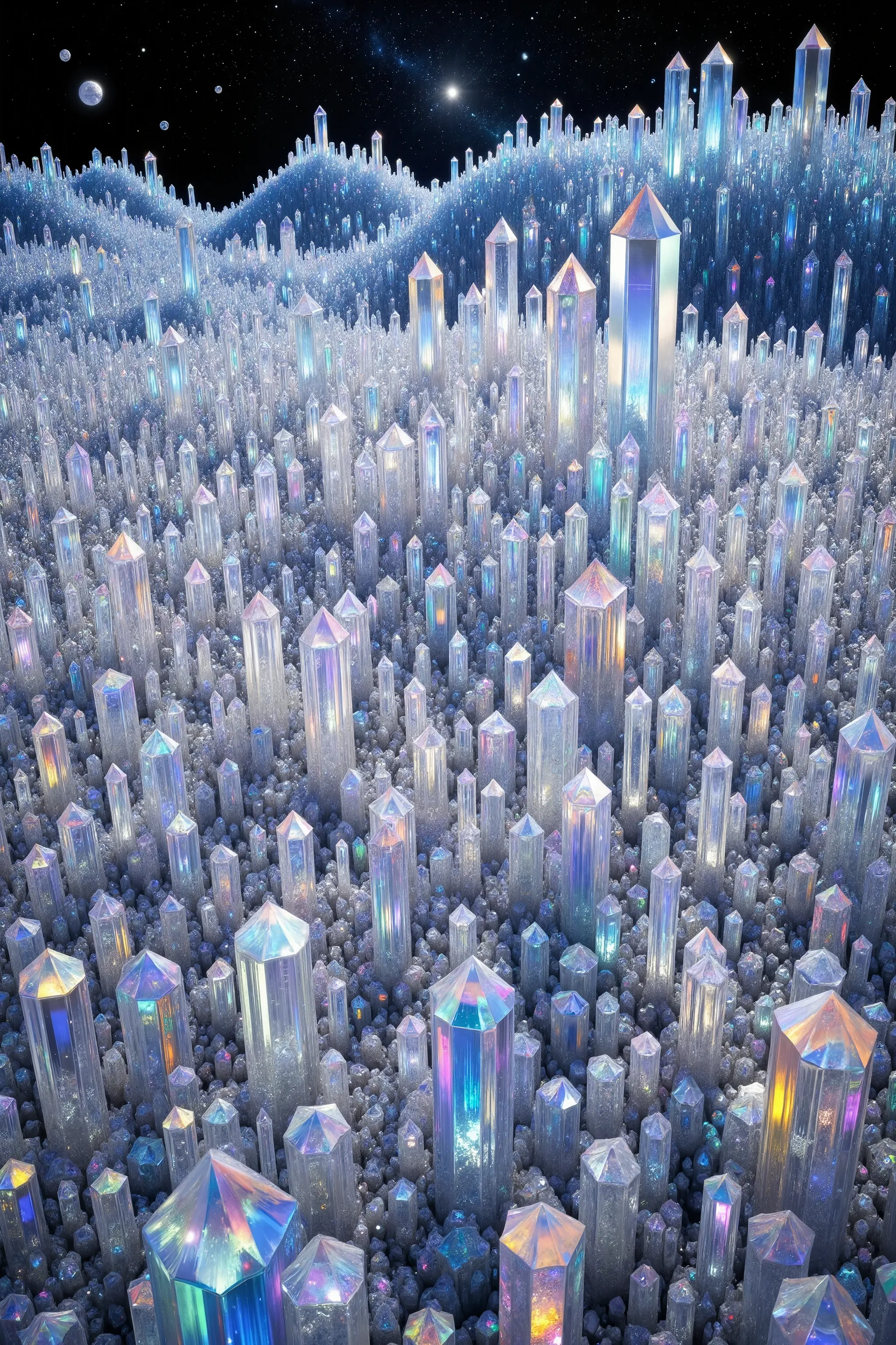 A strange planet far away from earth where every square inch of land is completely covered with translucent multicolored and clear quartz crystals.  Hundreds of millions of them coverage landscape like a magic blanket, highly detailed,photorealistic,8K,HDR...