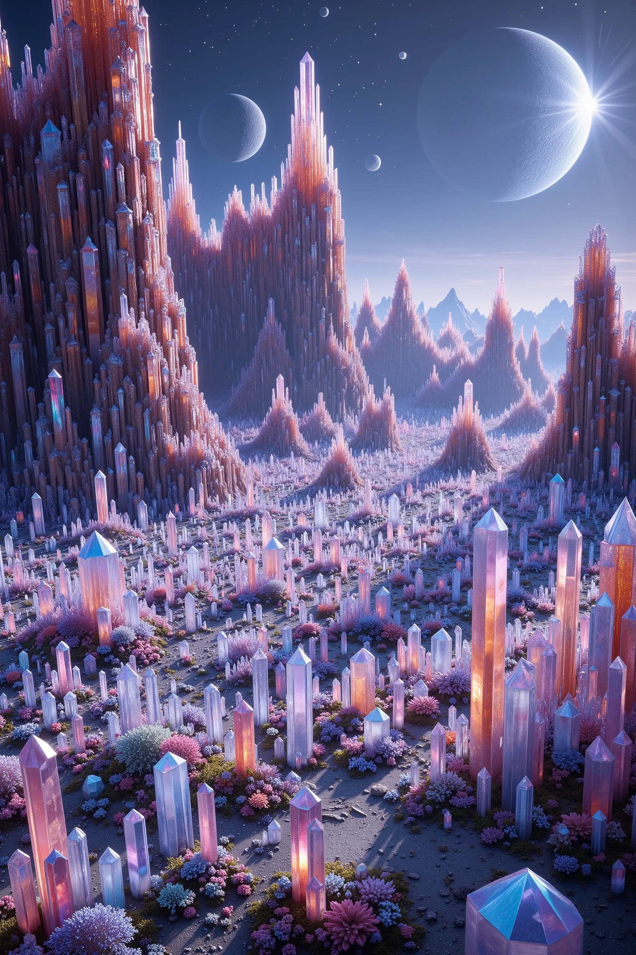 A strange planet far away from earth where every square inch of land is completely covered with translucent multicolored and clear quartz crystals.  Hundreds of millions of them coverage landscape like a magic blanket, highly detailed,photorealistic,8K,HDR...