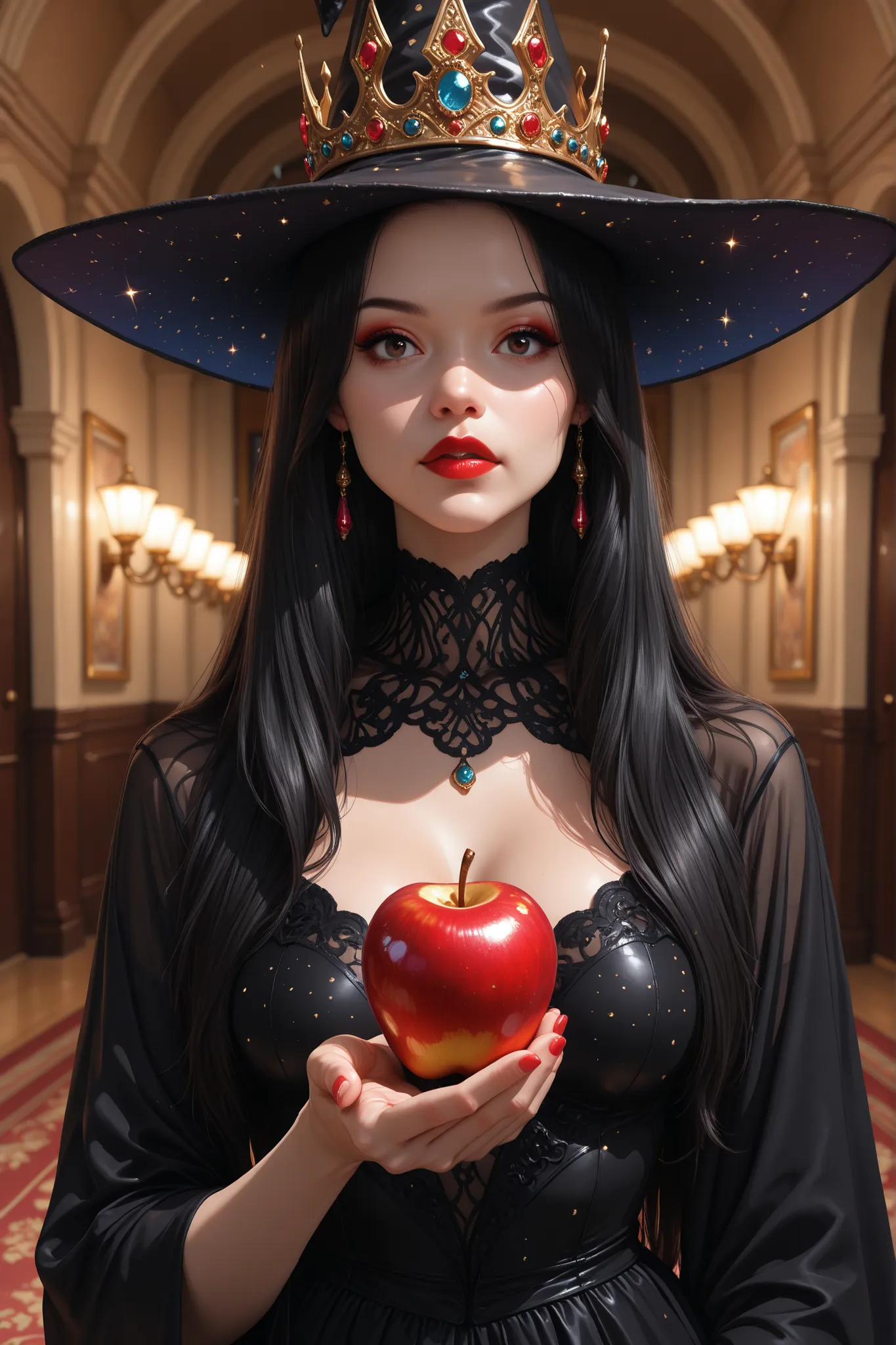 ((RAW Photo), absurd, (absurdresolution)), masterpiece, best quality, (Extremely detailed 8k unity CG wallpaper), (best illustration), (best shadow), Realistic lighting, beautiful detailed glow, ((21 years old)), girl, long black hair, black queen, accesso...