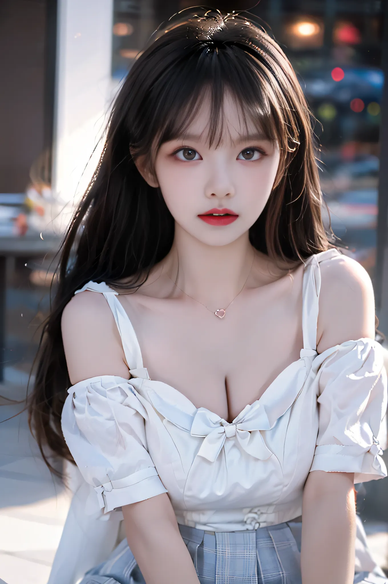 ,,((full body, from below)), (masterpiece, best quality, ultra-detailed, 8k), realistic, a beautiful sexy long-legged model ((Random scene)), ((Random posture)), (I-type Valley), (Full breasts, visible cleavage, very short skirt hem, exposed shoulders), (T...