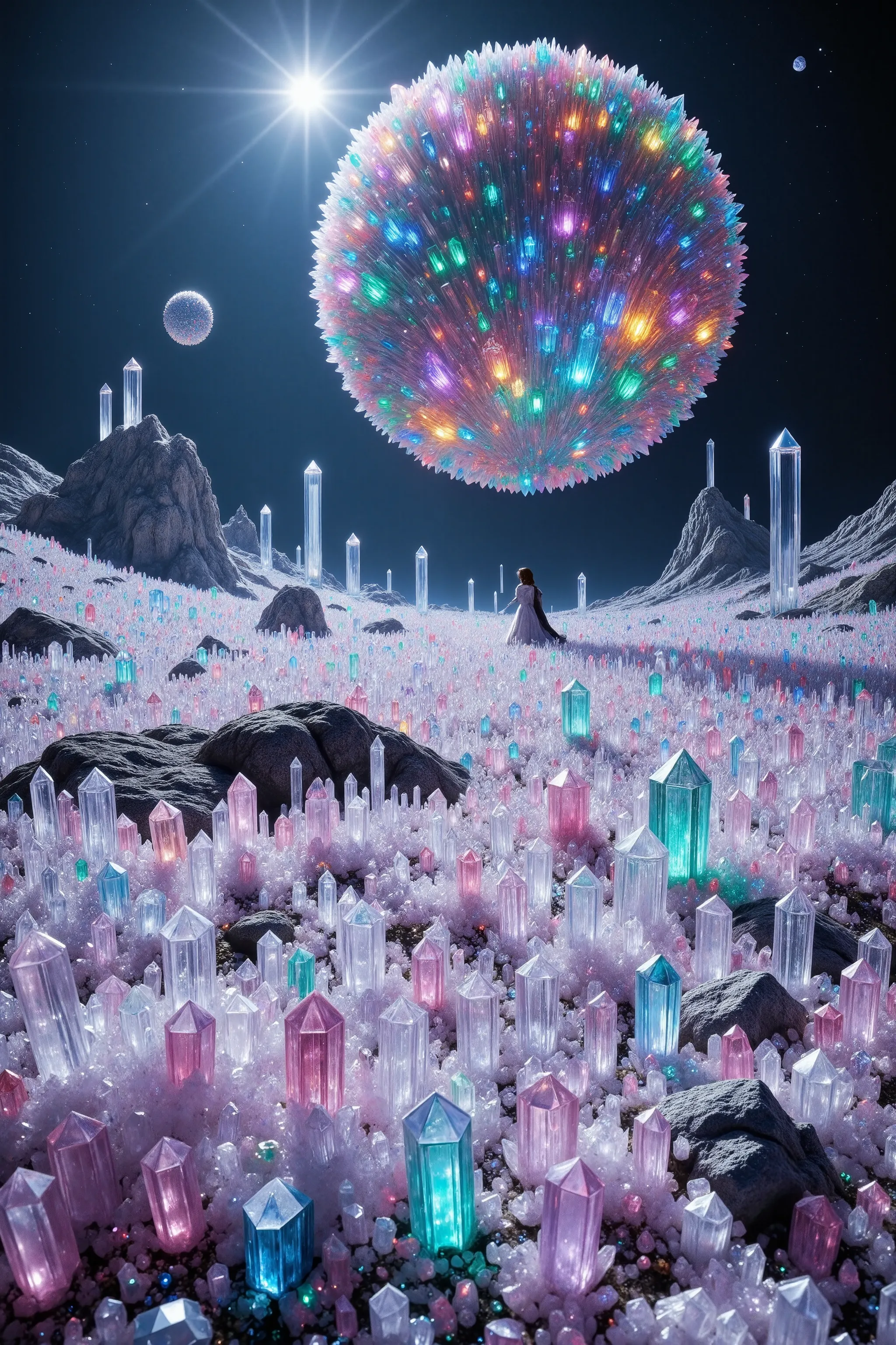 A strange planet far away from earth where every square inch of land is completely covered with translucent multicolored and clear quartz crystals.  Hundreds of millions of them coverage landscape like a magic blanket, highly detailed,photorealistic,8K,HDR...