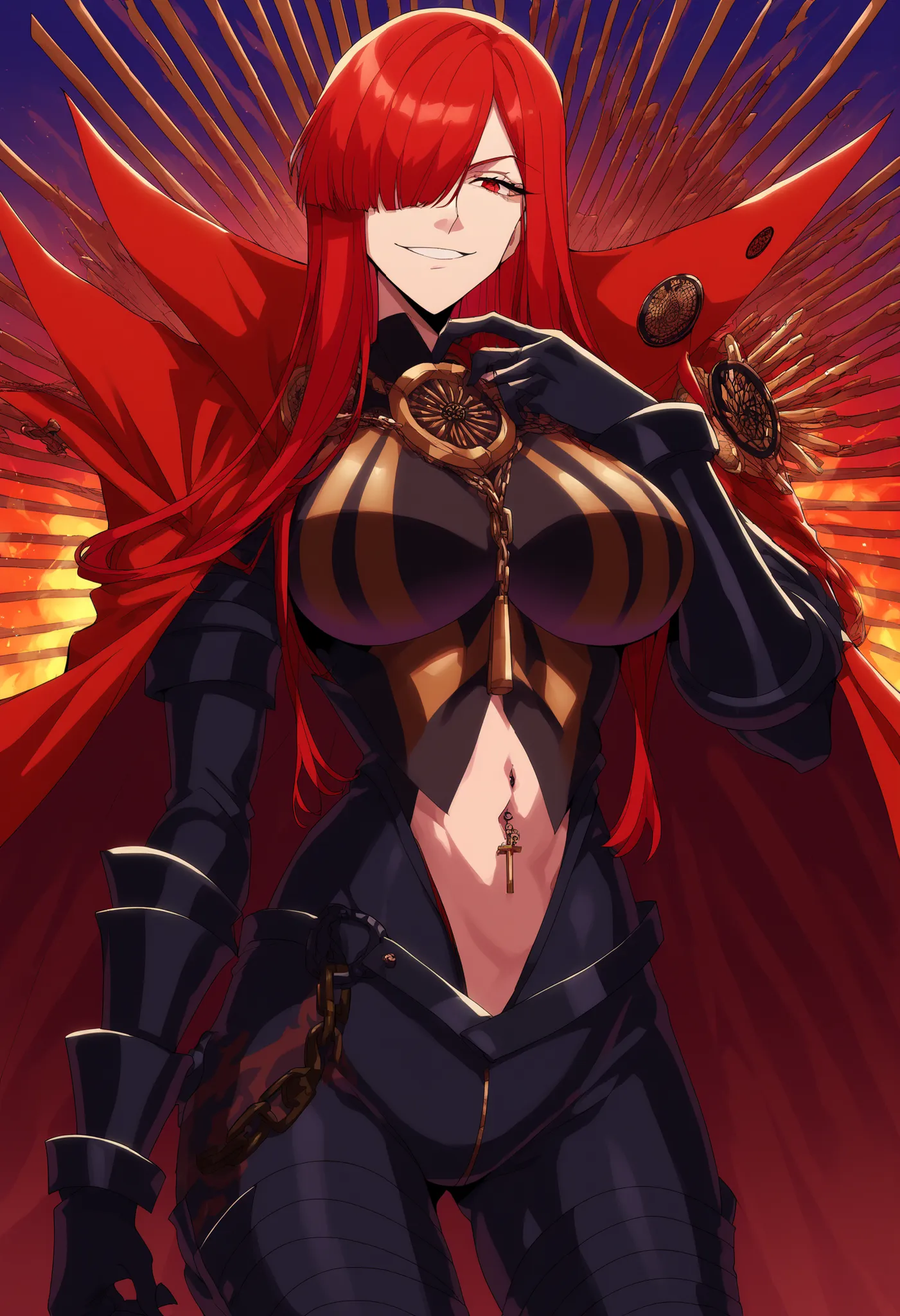 score_9, score_8_up, score_7_up, source_anime,  oda nobunaga maou, hair over one eye, long hair, red eyes, red hair, large breasts,, armor, belt, black bodysuit, bodysuit, bracer, breastplate, cape, chain, collared cape, family crest, medallion, oda uri, p...