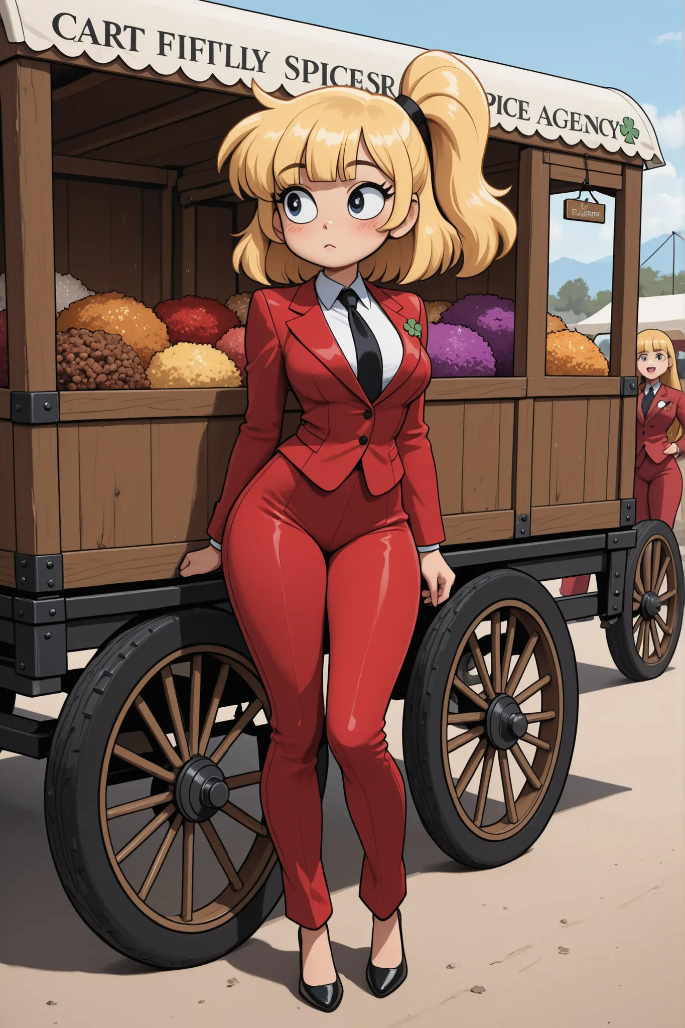 Clover from Totally Spice, cart trailer, blonde, fluffy bangs on one side, red suit agency suit, sexy, masterpiece, High detail, professional photo, high quality, Totally Spice cartoon, Totally spice, Clover