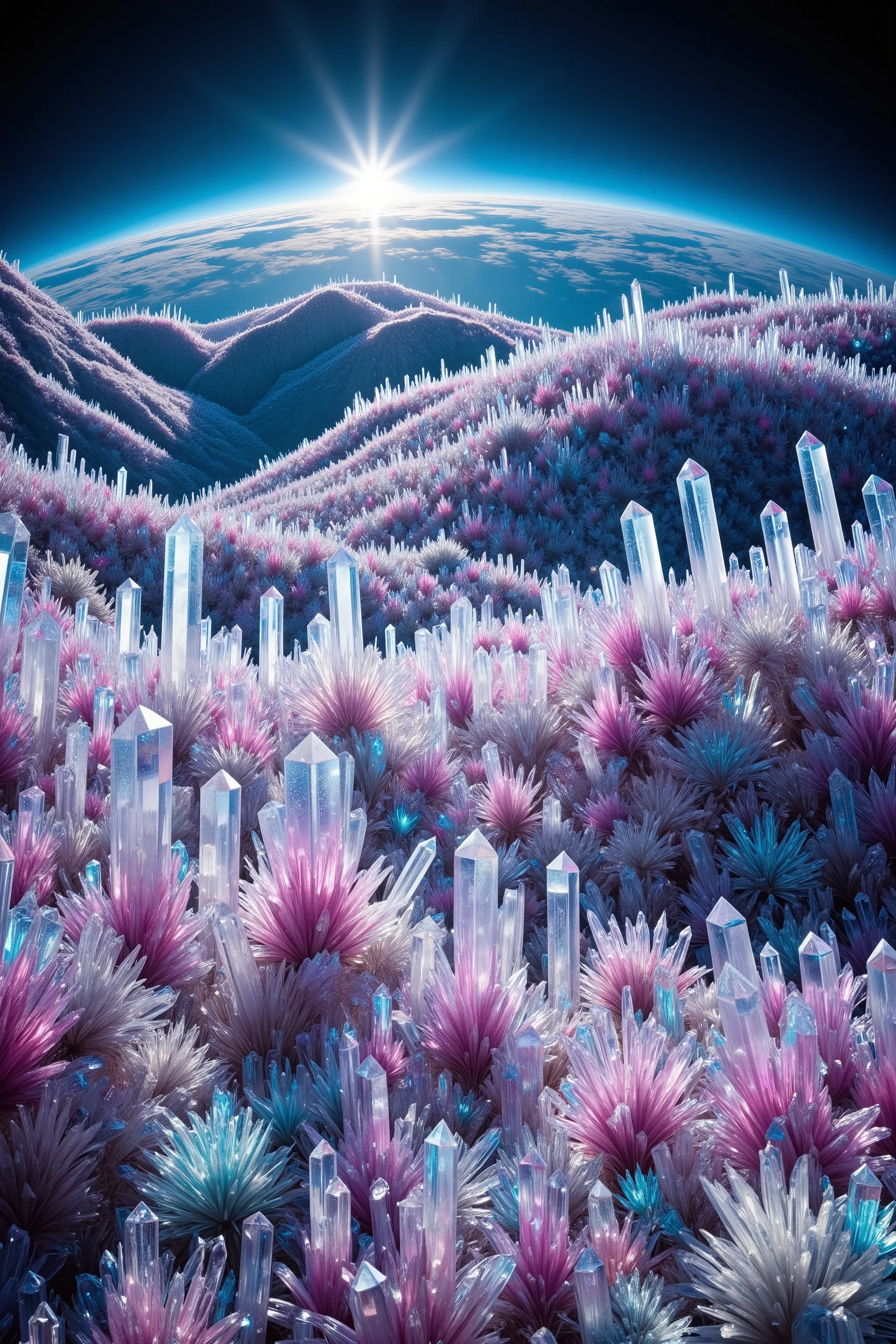A strange planet where every single inch of land is completely covered with translucent multicolored and clear quartz crystals. They cover mountains hills, flatland Hundreds of millions of them coverage landscape like a magic blanket, highly detailed,photo...