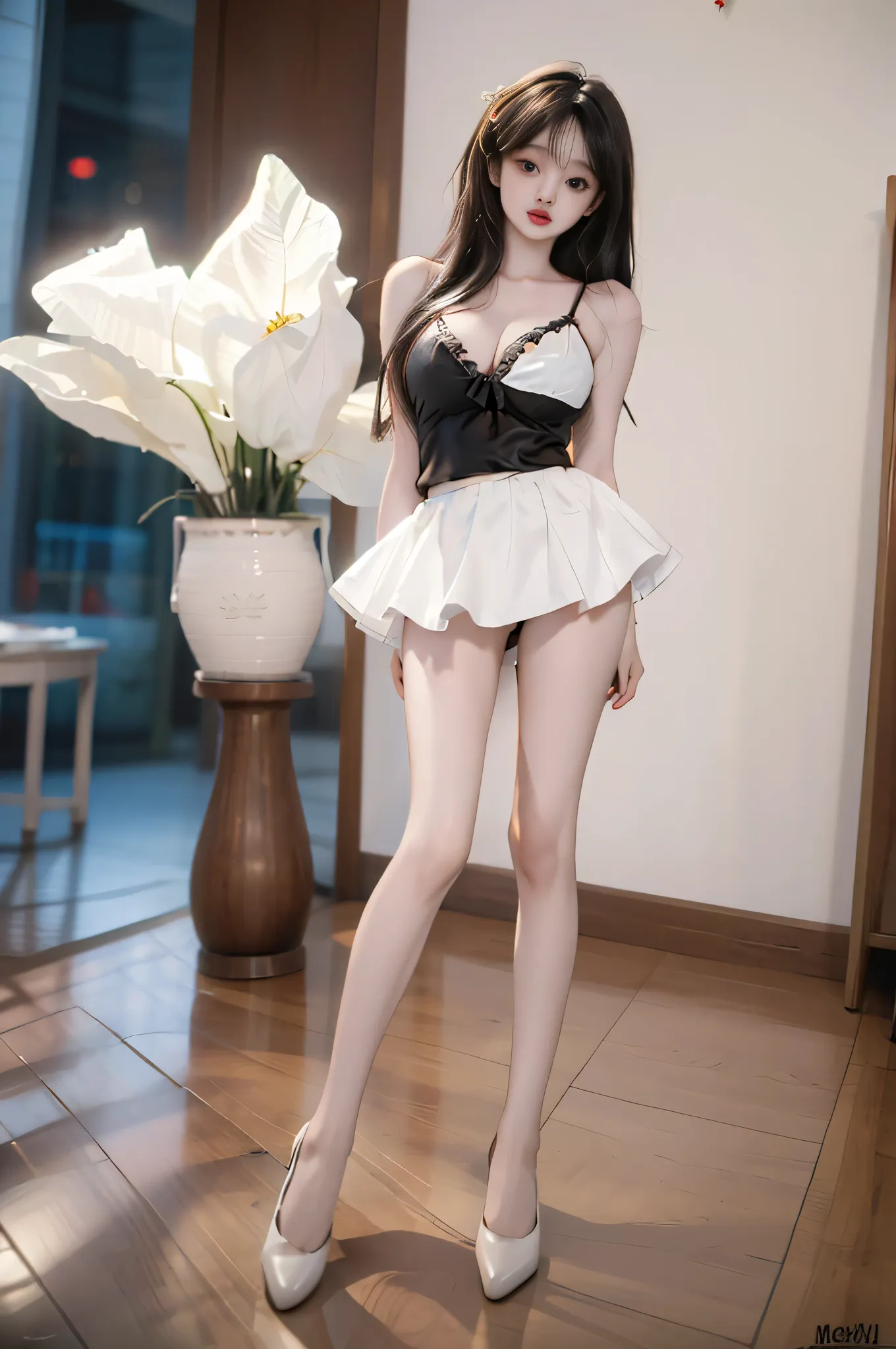 hidori, ,,((full body, from below)), (masterpiece, best quality, ultra-detailed, 8k), realistic, a beautiful sexy long-legged model ((Random scene)), ((Random posture)), (I-type Valley), (Full breasts, visible cleavage, very short skirt hem, exposed should...