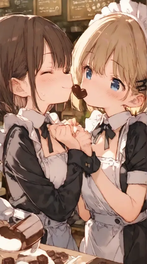 748cmstyle,Cute,(masterpiece:1.2, top quality), (beautiful detailed eyes: 1.2), ((1 Beautiful Girl)),  (beautiful background:1.2), (Highly Detailed CG, Super Detailed),(very detailed and beautiful:1.1), (Perfect Details:1.1),two girls in a cafe, both kissi...