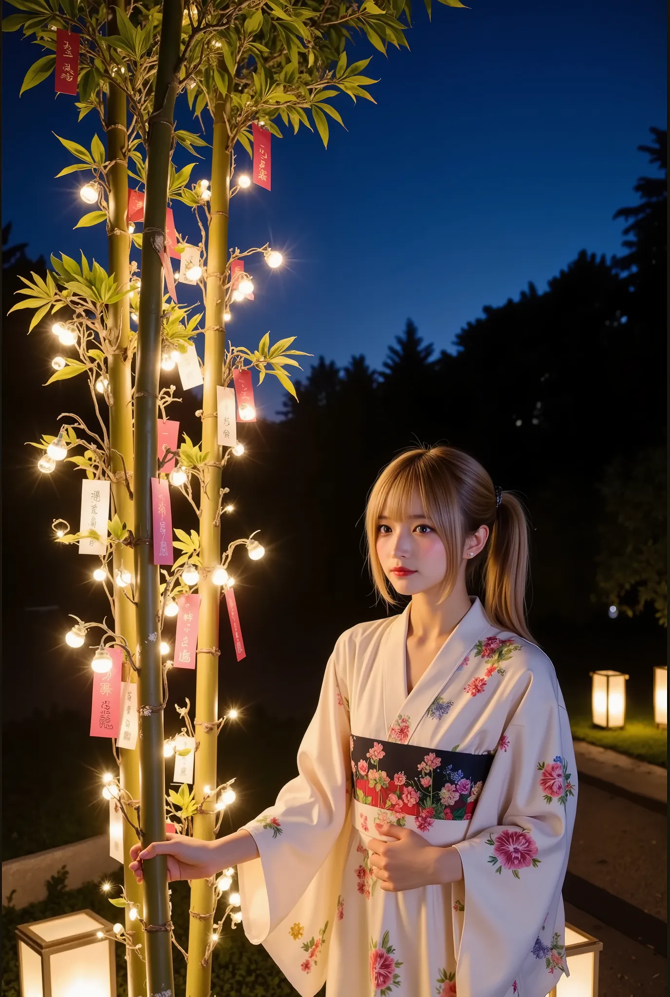 a romantic Tanabata night scene with a single tall bamboo stalk rising diagonally from the lower left to the upper half of the image, its top lush with gently glowing leaves, colorful tanzaku (paper wishes) hanging delicately from the branches, in the lowe...