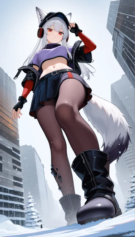 1girl, frostleaf_(breaking_the_ice), red eyes, off shoulder, fox ears, fox tail, long hair, white hair, oripathy lesion (arknights), ears through headwear, navel, black headwear, headphones, (purple shirt:1.1), black jacket, hat, fingerless gloves, cropped...