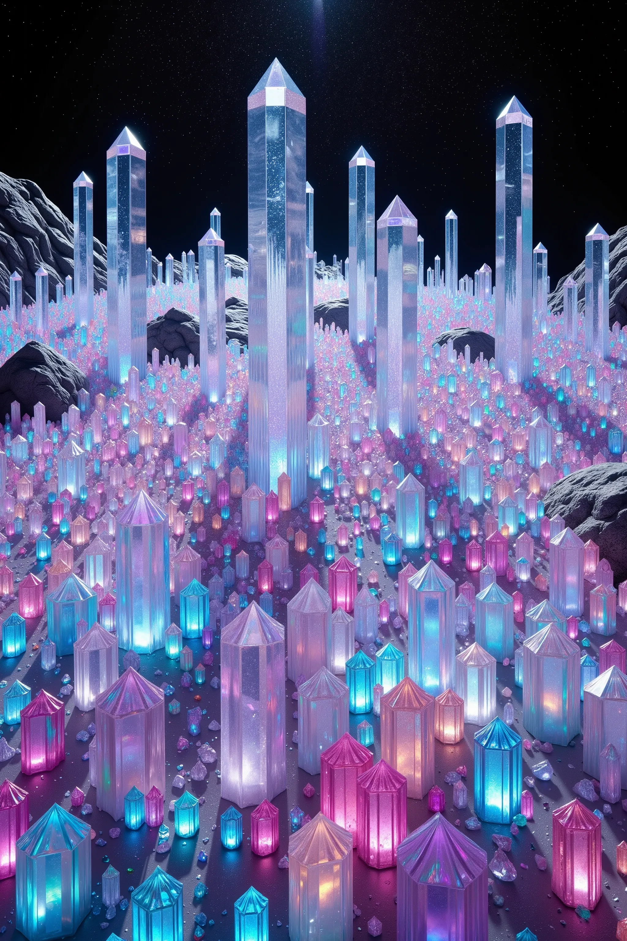A strange planet far away from earth where every square inch of land is completely covered with translucent multicolored and clear quartz crystals.  Hundreds of millions of them coverage landscape like a magic blanket, highly detailed,photorealistic,8K,HDR...