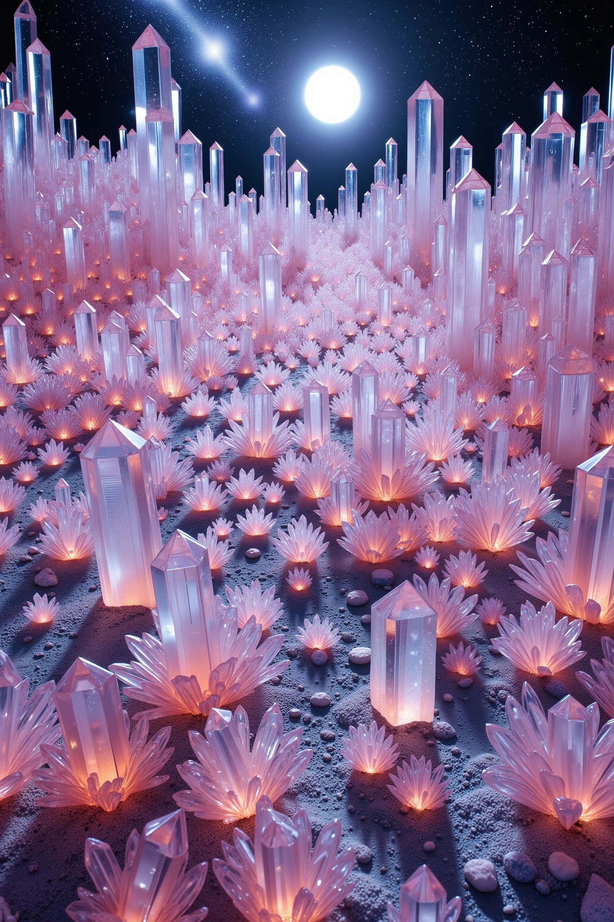 A strange planet far away from earth where every square inch of land is completely covered with translucent multicolored and clear quartz crystals.  Hundreds of millions of them coverage landscape like a magic blanket, highly detailed,photorealistic,8K,HDR...