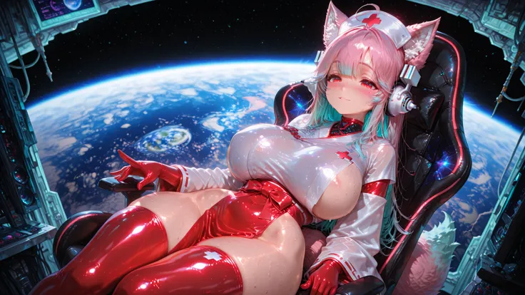 super sonico (nitroplus) a beautiful young  woman with shiny skin and pink hair styled in an intricate , sitting on a gaming chair in the middle of the image. long pink hair,A cybernetic priestess, in a cyberpunk environment, she wears a futuristic dress l...