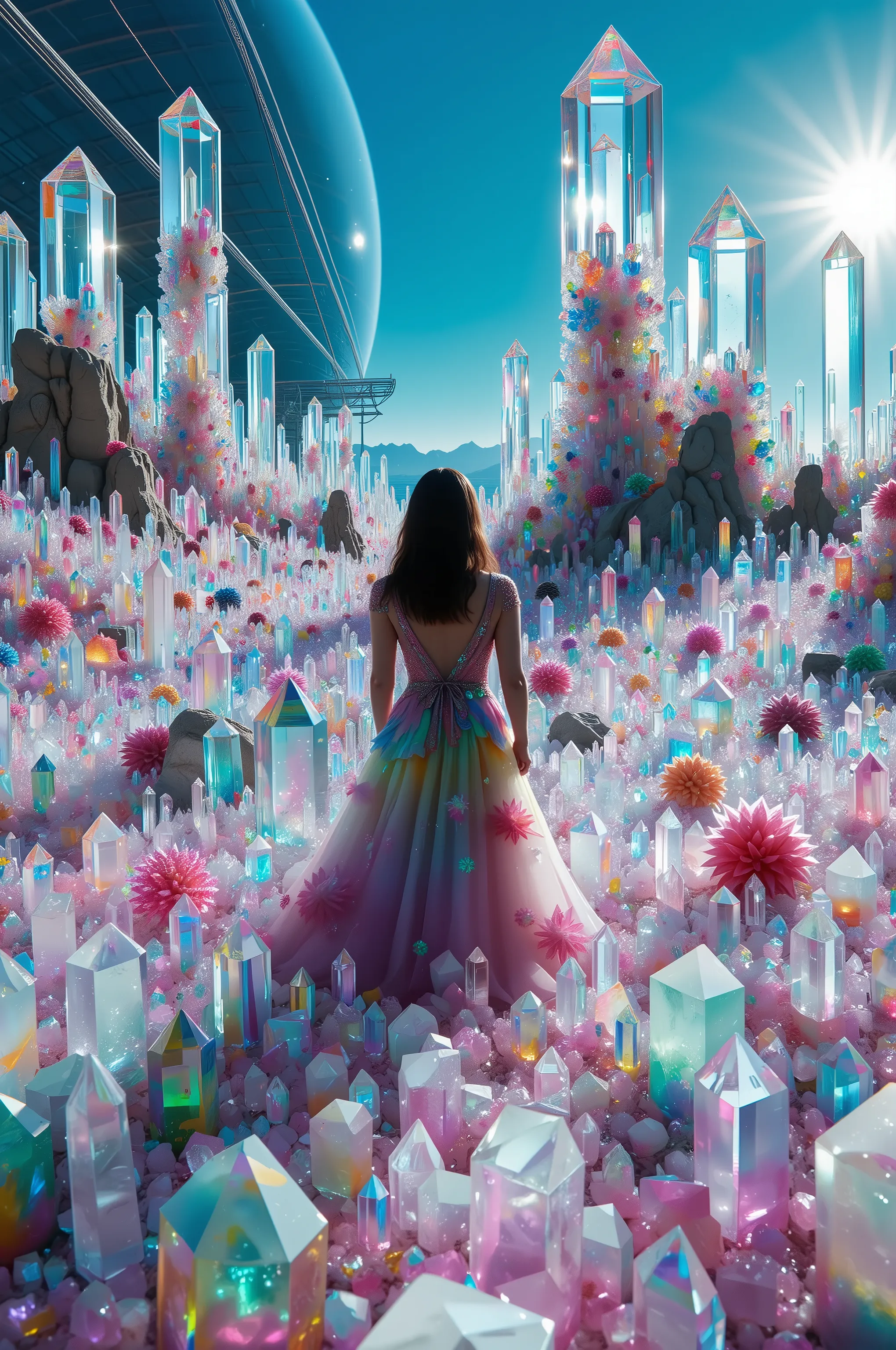 A strange planet far away from earth where every square inch of land is completely covered with translucent multicolored and clear quartz crystals.  Hundreds of millions of them coverage landscape like a magic blanket, highly detailed,photorealistic,8K,HDR...