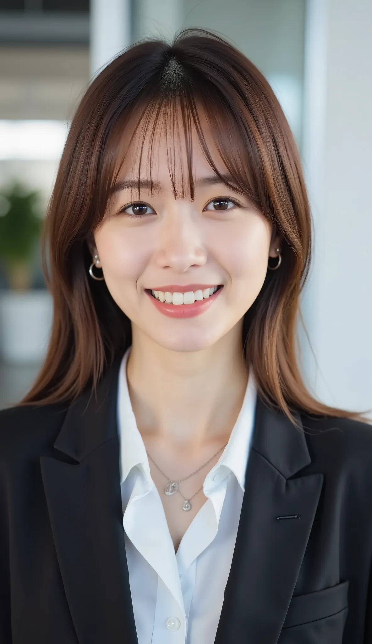 Neat Young Woman、and look at the camera、office lady suit、jacket、shirt、necklace、ear piercing、、薄い茶髪、smile showing teeth、背景はオフィス

