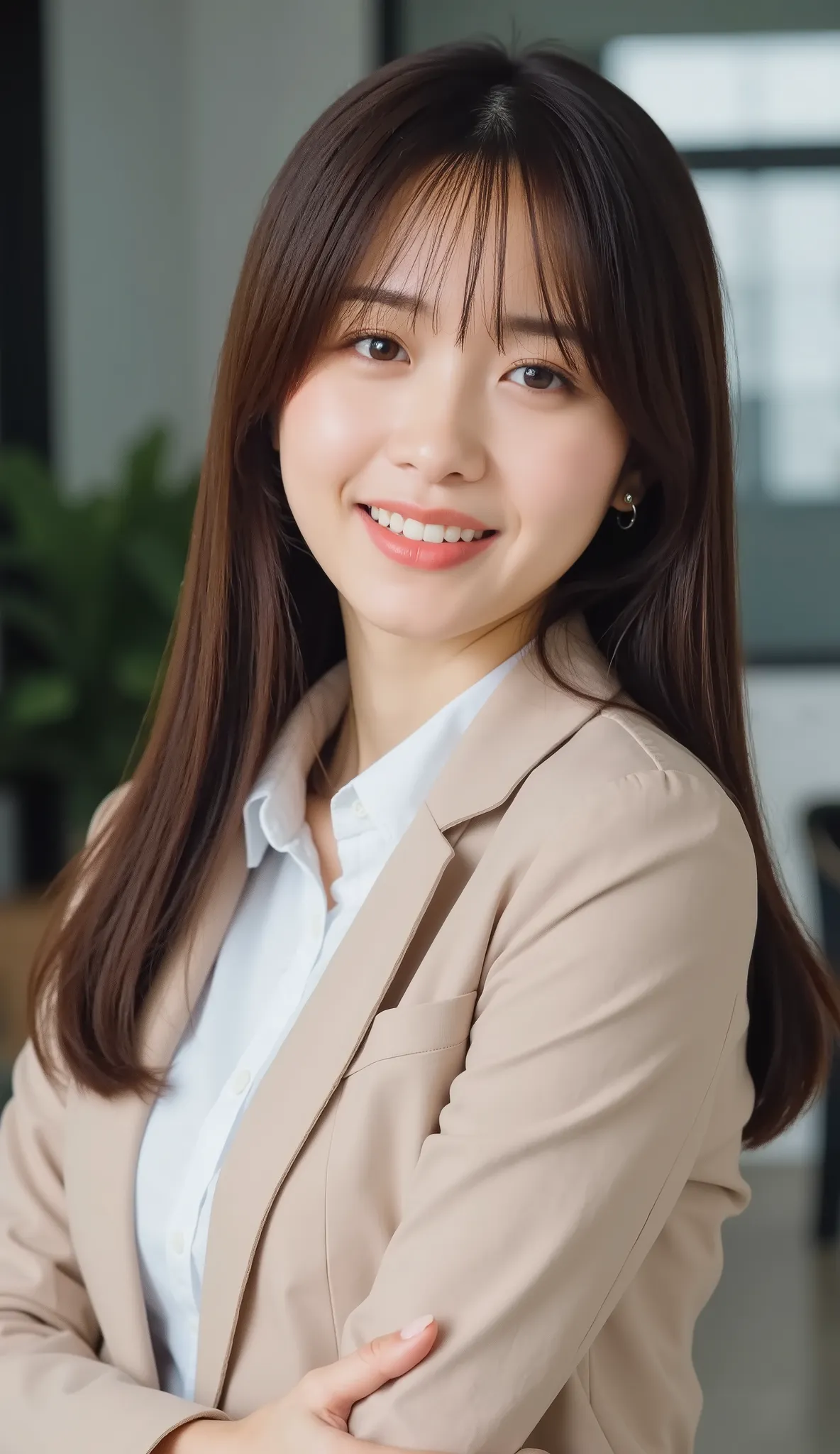 Neat Young Woman、and look at the camera、office lady suit、jacket、shirt、necklace、ear piercing、髪型セミロング、、smile showing teeth、背景はオフィス


