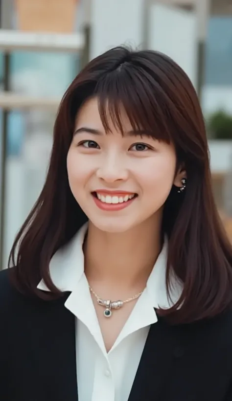 Neat Young Woman、and look at the camera、office lady suit、jacket、shirt、necklace、ear piercing、、smile showing teeth、背景はオフィス

