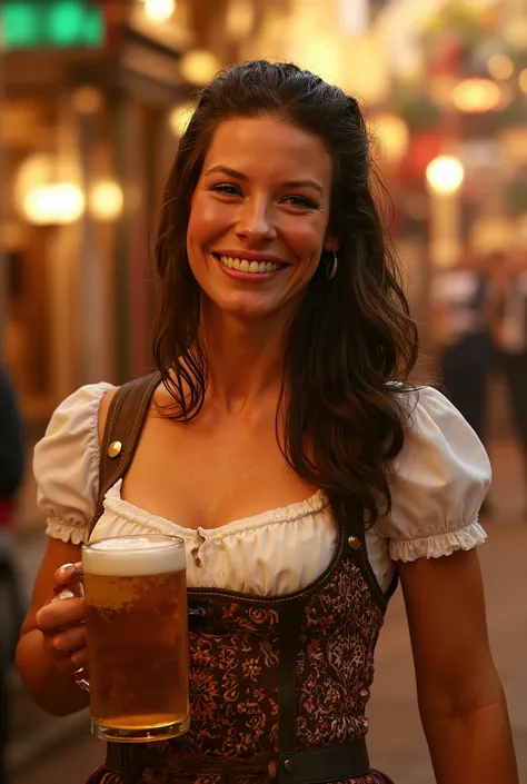 a realistic photo of young Evangeline Lilly, dressed in a Oktoberfest outfit, holding a beer mug in a hand and smiling, perfect anatomy, perfect fingers, vibrant colors