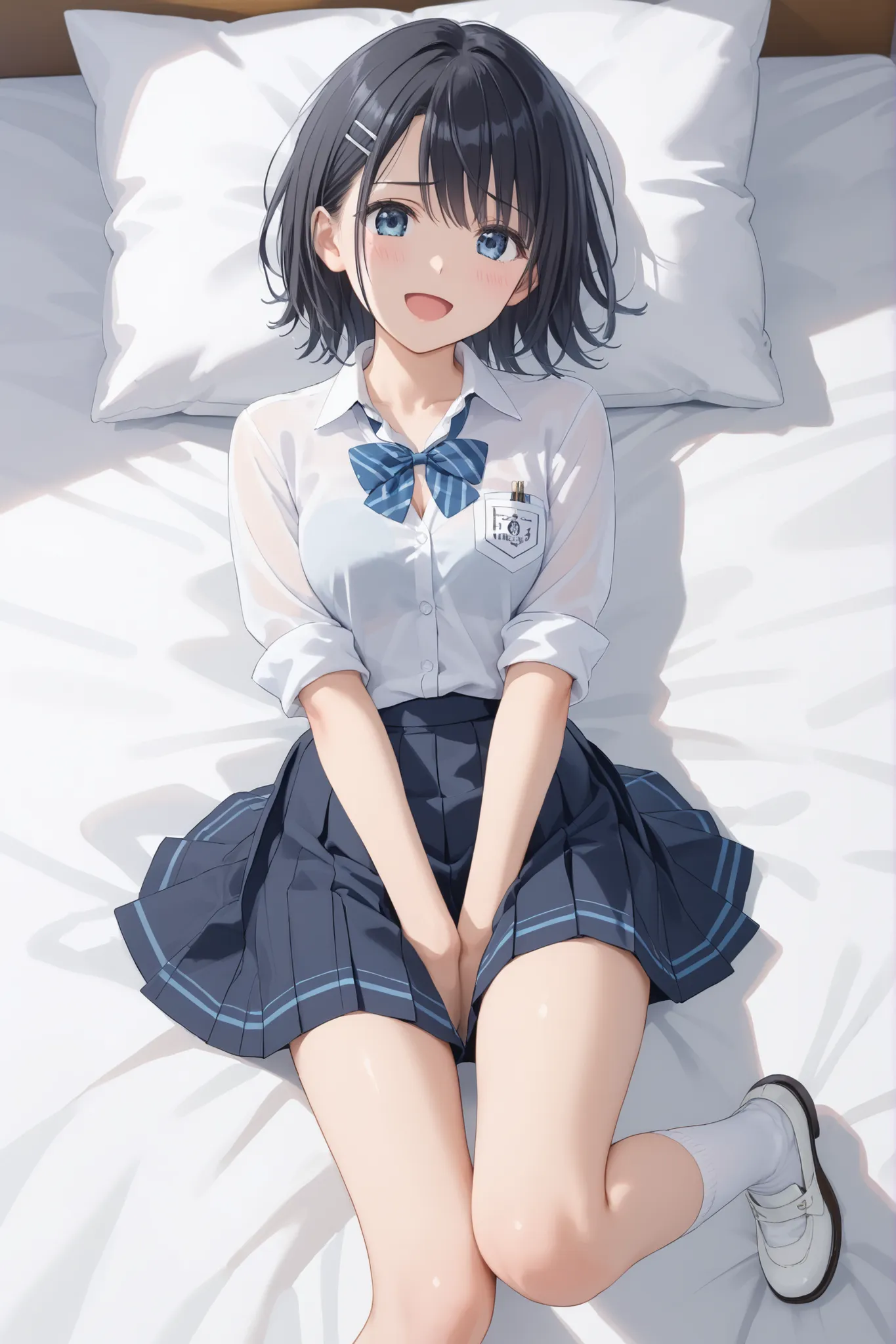score_9, score_8_up, score_7_up, Rating_blatant, Source_Anime, masterpiece, top quality, delicate illustration, Sharp Line, Clear Focus , and earlier ,focus on your face:1.5,BREAK,

bright room、半袖のwhite shirtと淡いピンクの蝶ネクタイ,チェック柄プリーツマイクロミニskirt,white socks,18...