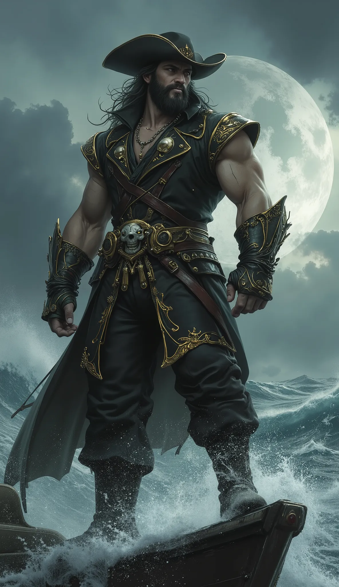 (masterpiece, best quality, ultra-detailed, 8k), epic character portrait of a formidable fantasy pirate captain, a powerfully built, middle-aged man exuding raw power and cunning intelligence. He stands in a dynamic, heroic pose on the prow of a colossal, ...