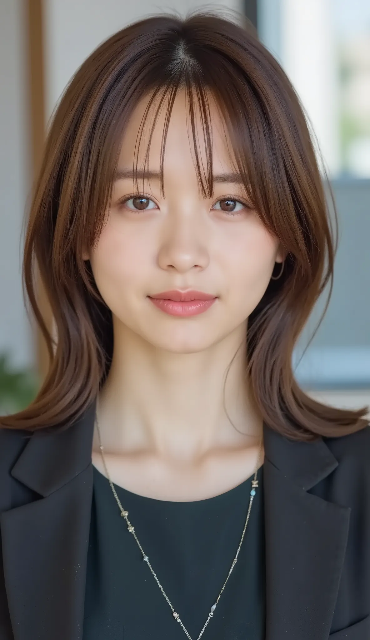 Neat Young Woman、and look at the camera、office lady suit、jacket、shirt、necklace、ear piercing、髪型ボブヘア、薄い茶髪、smile showing teeth、背景はオフィス


