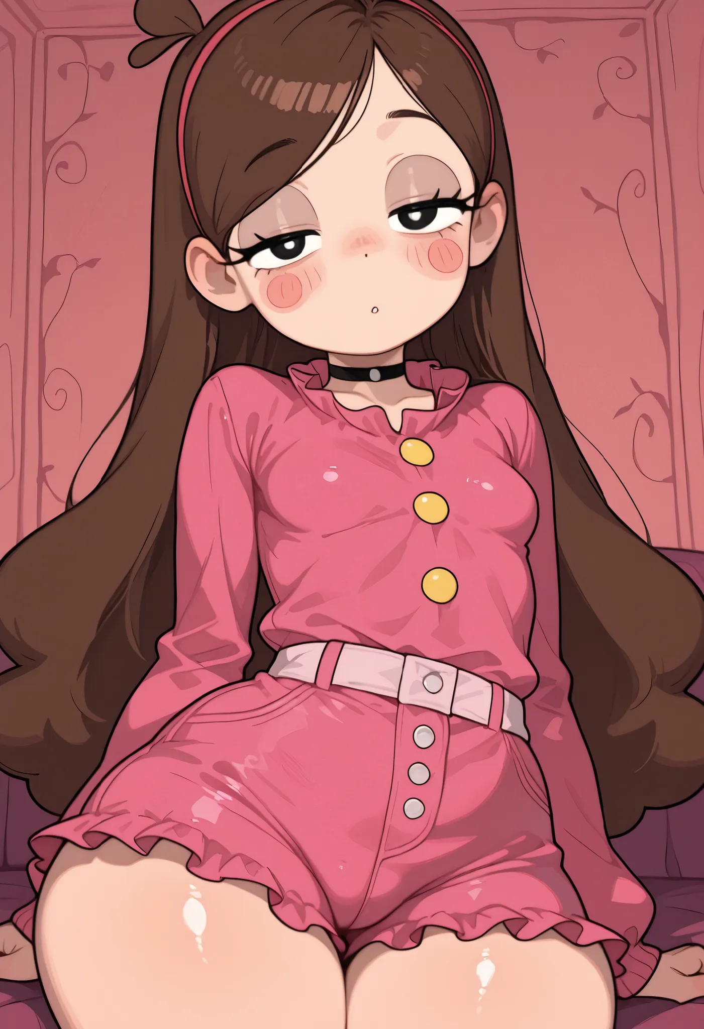 Mabel Pines, blush stickers, brown hair. black eyes. half-closed eyes, small breasts, huge hips. long eyelashes, choker. | frilled shirt, pink shirt, buttons, long sleeves, frilled shorts, short shorts, pink shorts brgsxx, upside-down