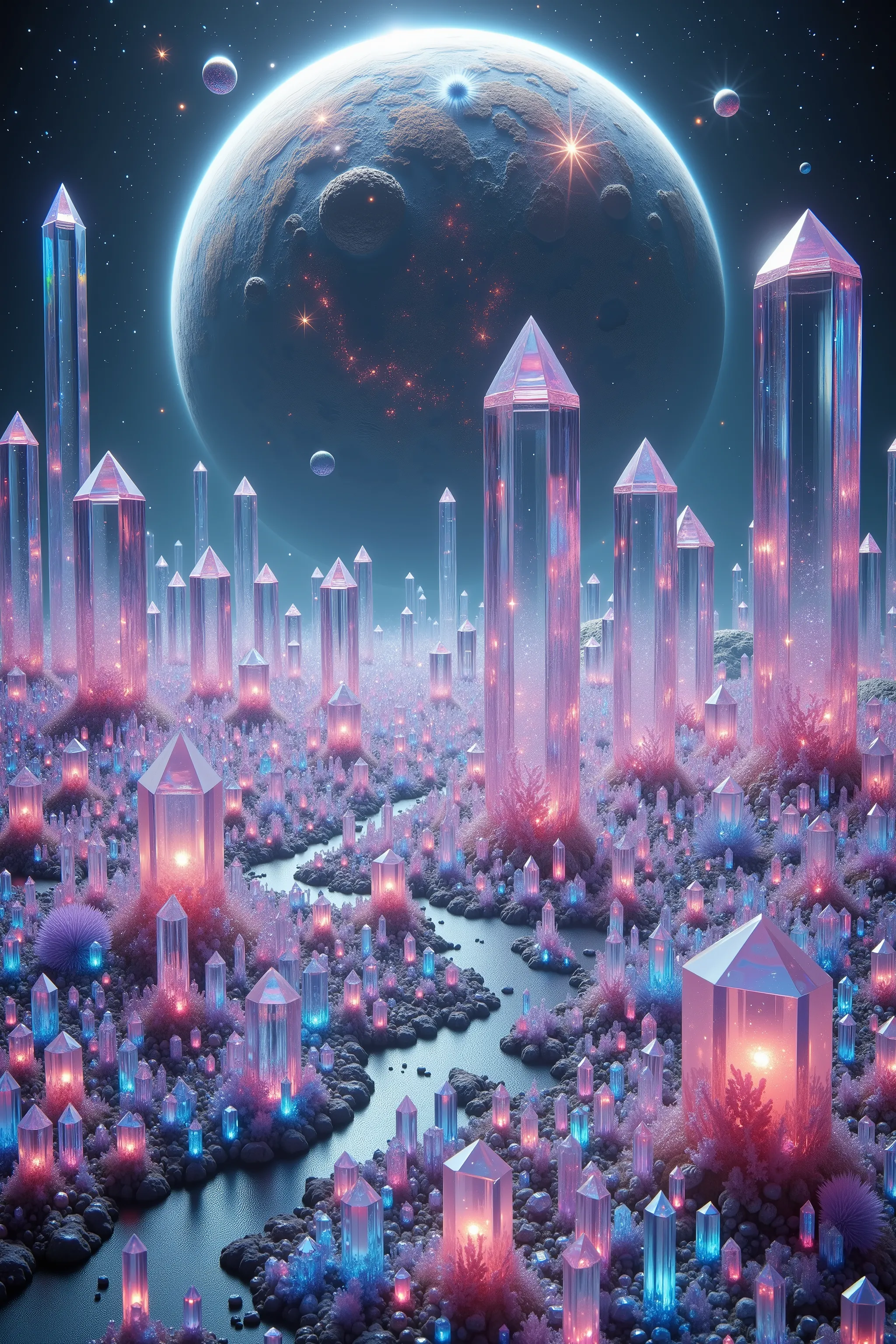 A strange planet far away from earth where every square inch of land is completely covered with translucent multicolored and clear quartz crystals.  Hundreds of millions of them coverage landscape like a magic blanket, highly detailed,photorealistic,8K,HDR...