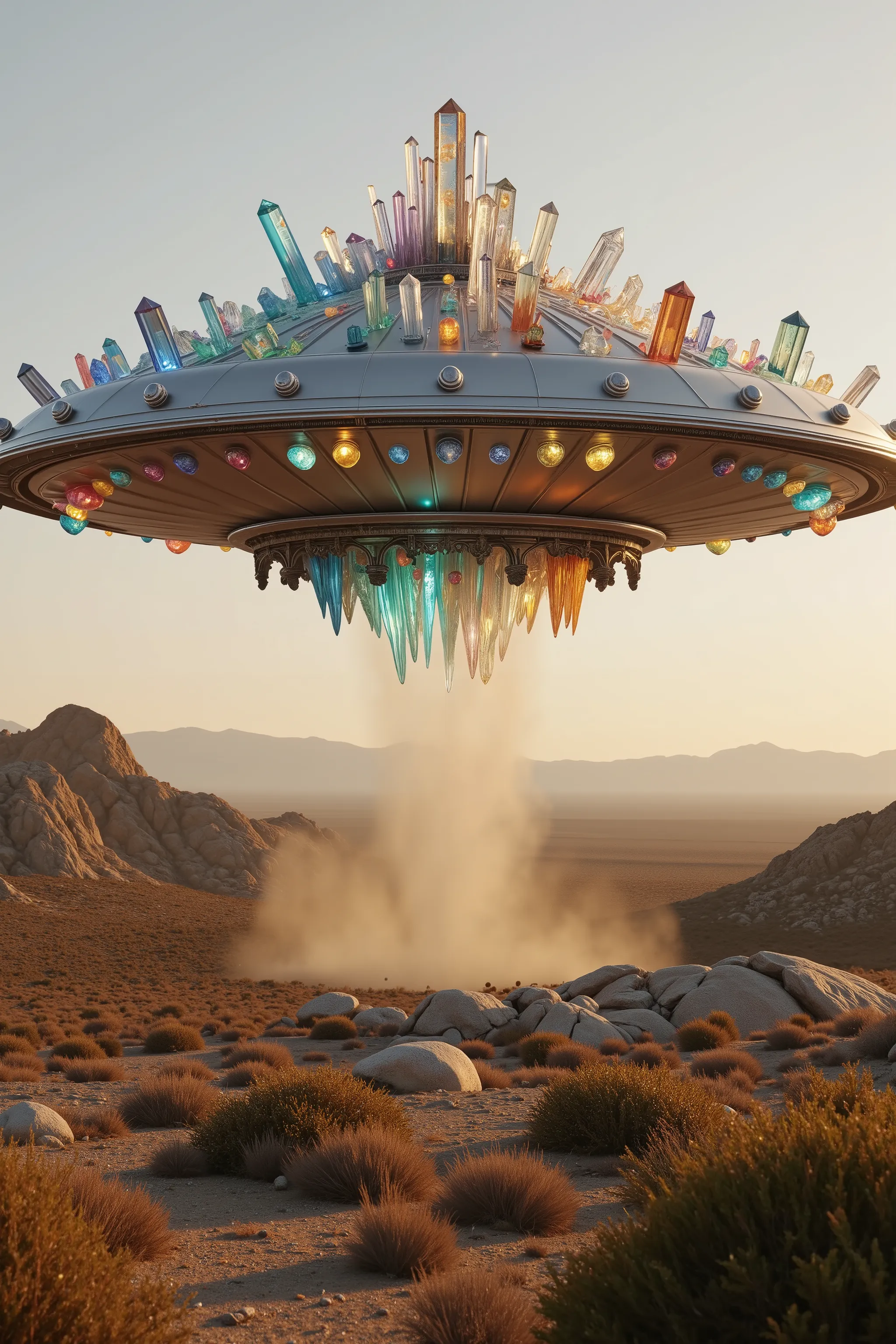 A gigantic UFO has landed in the California desert. It has hundreds of multicolored translucent and clear quartz crystals protruding directly from the silver metal of the ship, highly detailed,photorealistic,8K,HDR,physically-based rendering,professional p...