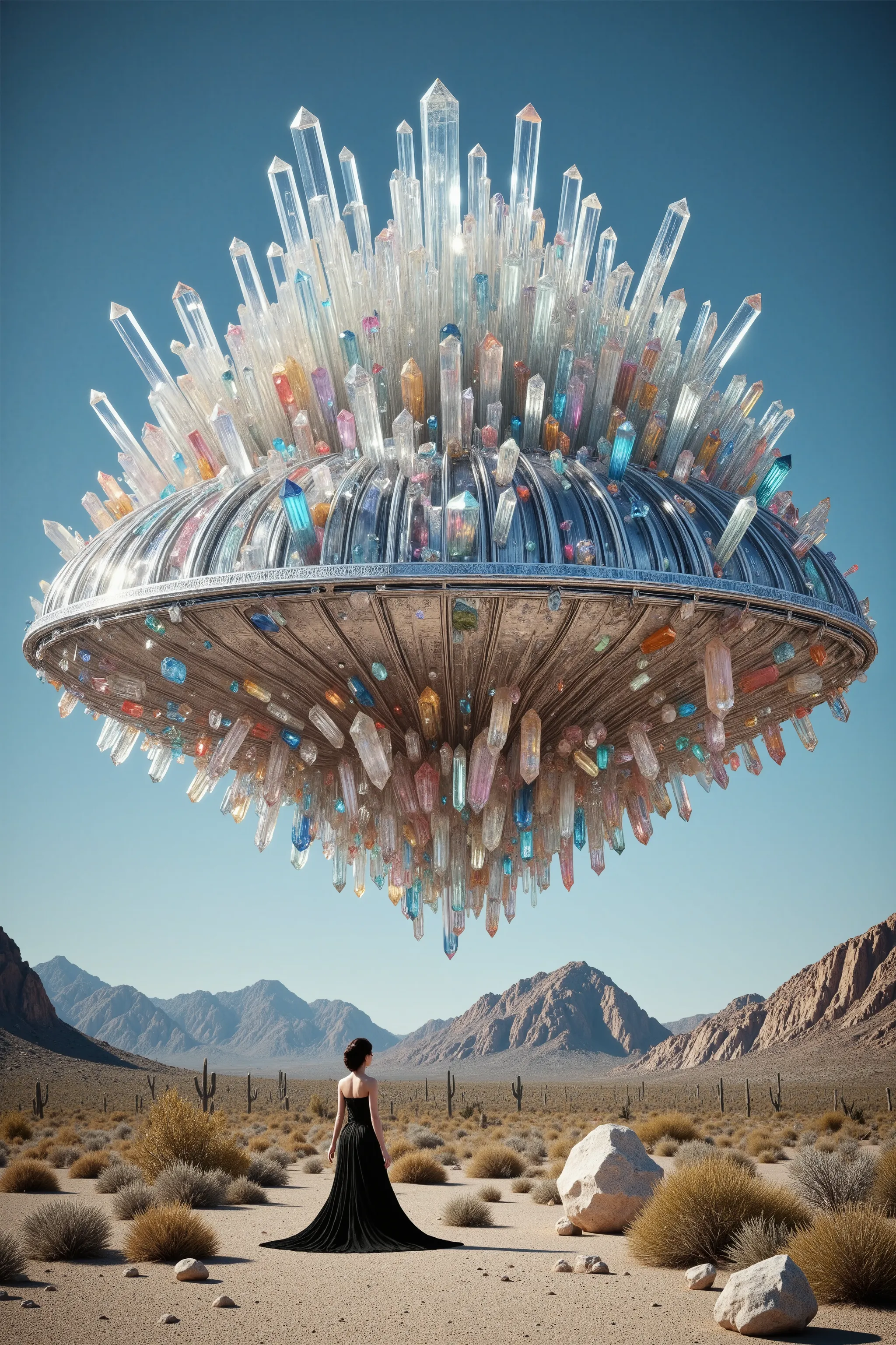 A gigantic UFO has landed in the California desert. It has hundreds of multicolored translucent and clear quartz crystals protruding directly from the silver metal of the ship, highly detailed,photorealistic,8K,HDR,physically-based rendering,professional p...