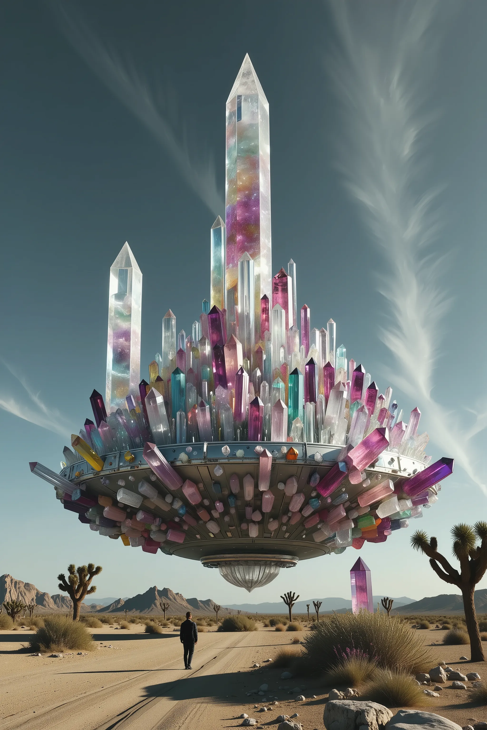 A gigantic UFO has landed in the California desert. It has hundreds of multicolored translucent and clear quartz crystals protruding directly from the silver metal of the ship, highly detailed,photorealistic,8K,HDR,physically-based rendering,professional p...