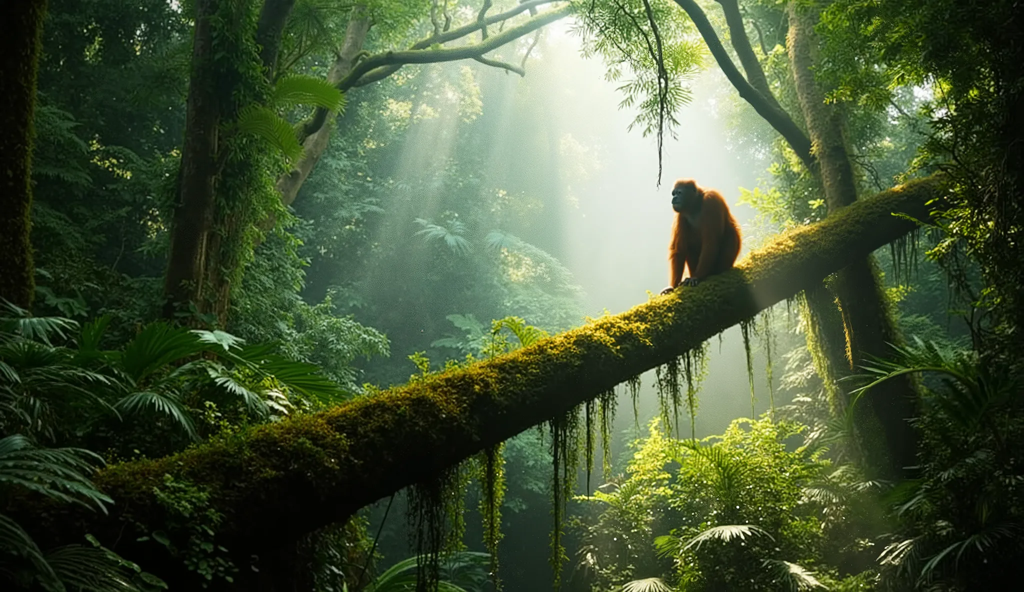 Golden light shining through towering trees々It's a lush jungle with , lively plant, And the misty atmosphere. large fallen trees lying at an angle , and an orangutan perched on it , Observe your surroundings. The scene includes、full of details such as ...